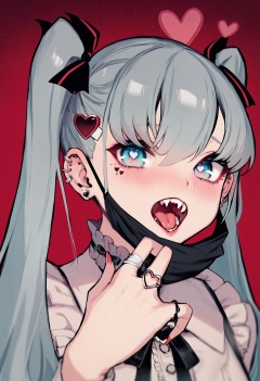 best quality, masterpiece, 1girl, solo, red background, fangs, mask pull, heart, hatsune miku, jewelry, twintails, looking at viewer, piercing, open mouth, mask, ring, blue eyes, mouth mask, bangs, halftone, heart hair ornament, hair ornament, ear piercing, jirai kei, shirt, wings, long hair, detached wings, heart o-ring, mini wings, teeth, hair ribbon, simple background, earrings, vampire, ribbon, tongue, bandaid, blush, bright pupils, grey hair, bat wings, frills, portrait, black ribbon  <lora:rsefXLlokr4f-000143:0.95>