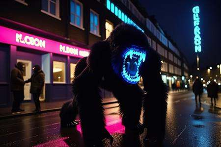 Neon noir several black gorilla monsters,  glowing teeth,  dark picture on Tensor.Art
