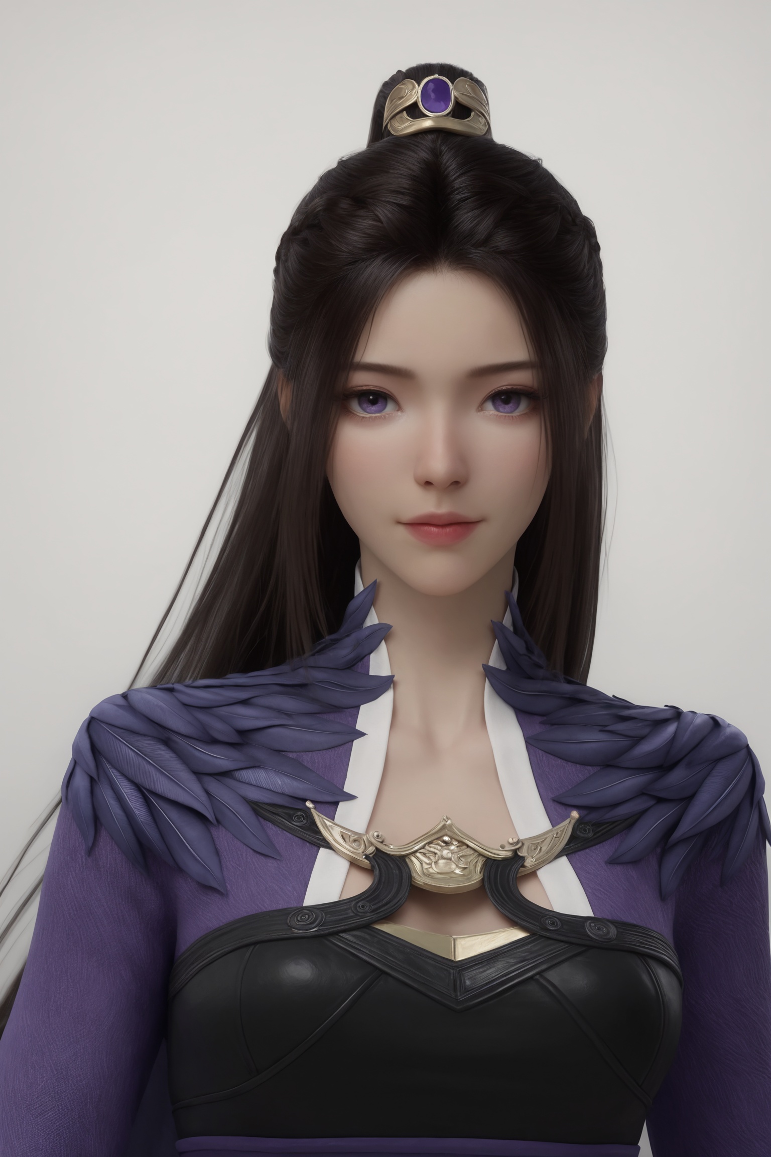 realistic stylewhite background,upper body,looking looking at viewer,<lora:凡人-紫灵-天南大陆ILL:0.7>,long,straight black hair,purple eyes,golden crown,flowing,deep purple gown with intricate gold accents,including a high collar and a belt with a large,round,golden buckle.,