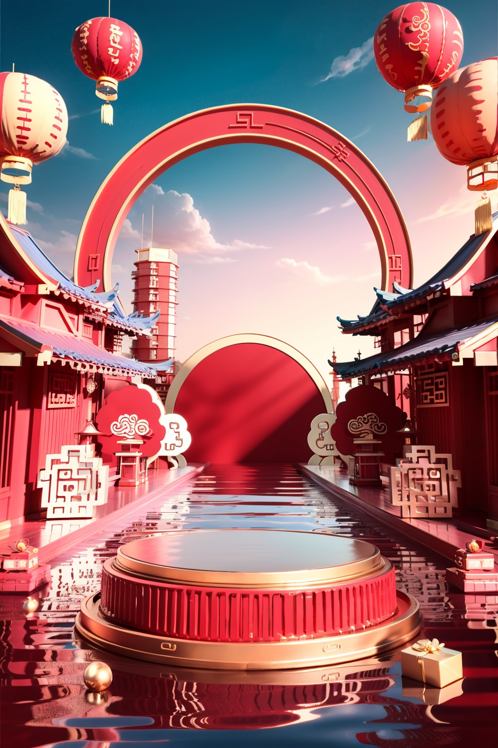masterpiece,best quality,CNY_stage,no humans,reflection,scenery,chinese new year