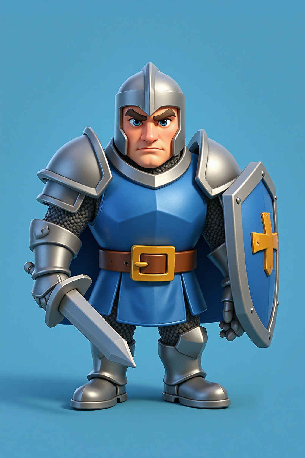 3D,This is a digital drawing of a stylized,cartoonish knight with a small,round helmet,blue tunic,and metallic armor. He has a stern expression and wields a shield and sword.,. set against a solid blue background.,