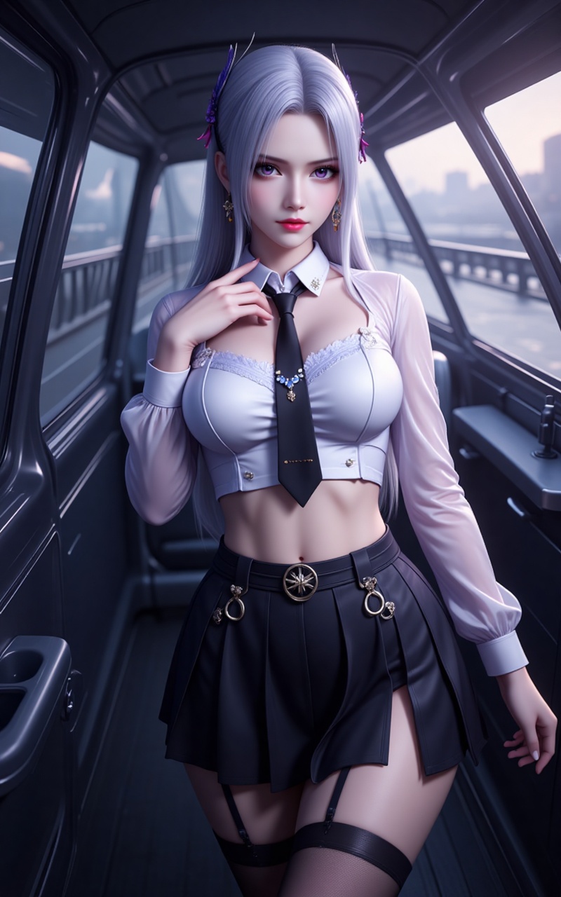 xiaoyixian,lvjing,white hair,long hair,purple eyes,jewelry,hair_ornament,1girl,crop top,necktie,skirt,thighhighs,jewelry,earrings,shirt,solo,looking at viewer,black necktie,collared shirt,white shirt,midriff,black thighhighs,black skirt,car,long sleeves,breasts,pleated skirt,cropped shirt,closed mouth,miniskirt,indoors,standing,hand up,motor vehicle,see-through,makeup,cowboy shot,parted bangs,wing collar,cover,simple background,gradient_background,Close-up details,outstanding style,adding a touch of dimension to your images without compromising details,close-up,