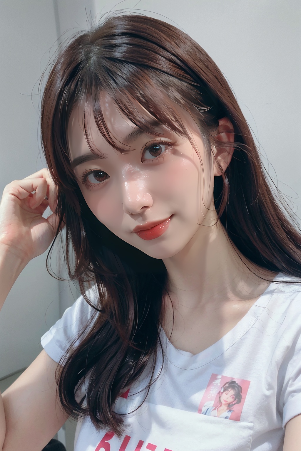 (masterpiece, best quality,top quality),1girl,street,black hair,floating hair,blush,looking at viewers,white T-shirt,happy,((front)),upper body,close-up,(studio light),<lora:aika_yamagishi-v05:0.8>,aika yamagishi,Depth of field,