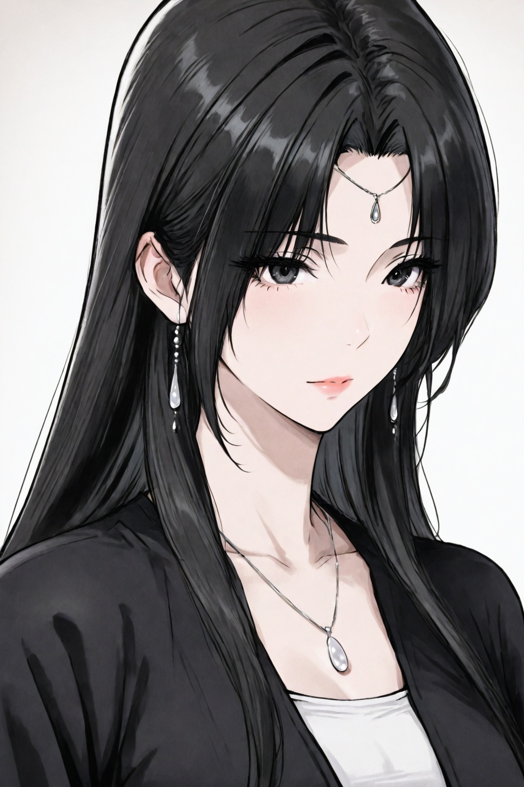 <lora:古风WAI-14:1>,1girl,black hair,jewelry,long hair,necklace,bangs,parted bangs,black eyes,<lora:pei:0.2>,