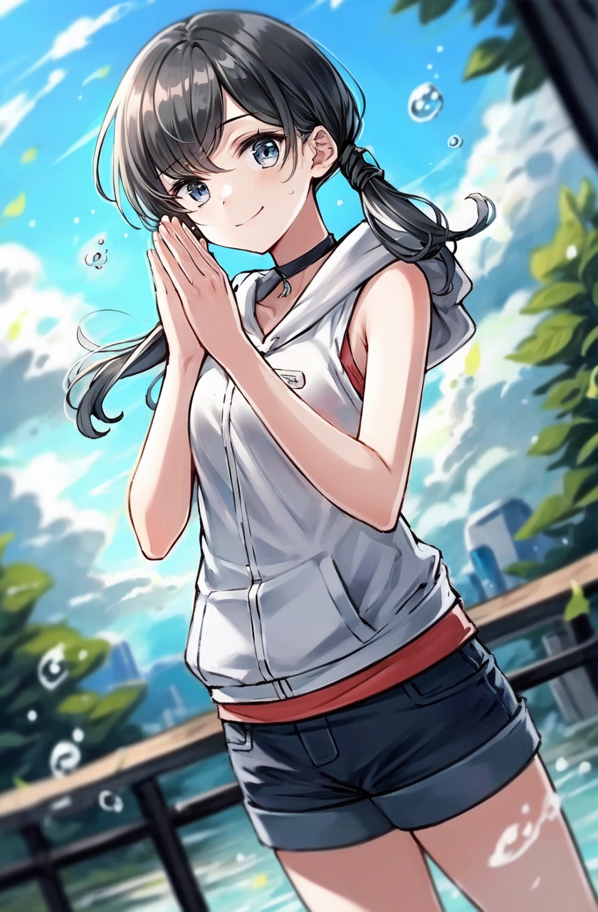 masterpiece,best quality,high quality,highres,1girl,solo,smile,black hair,hood,hood down,outdoors,blurry,own hands together,shorts,long hair,bare arms,water drop,bangs,cloud,sky,day,looking at viewer,bare shoulders,depth of field,low twintails,cloudy sky,closed mouth,black choker,dutch angle,blurry foreground,grey eyes,cowboy shot,railing,sleeveless hoodie,
