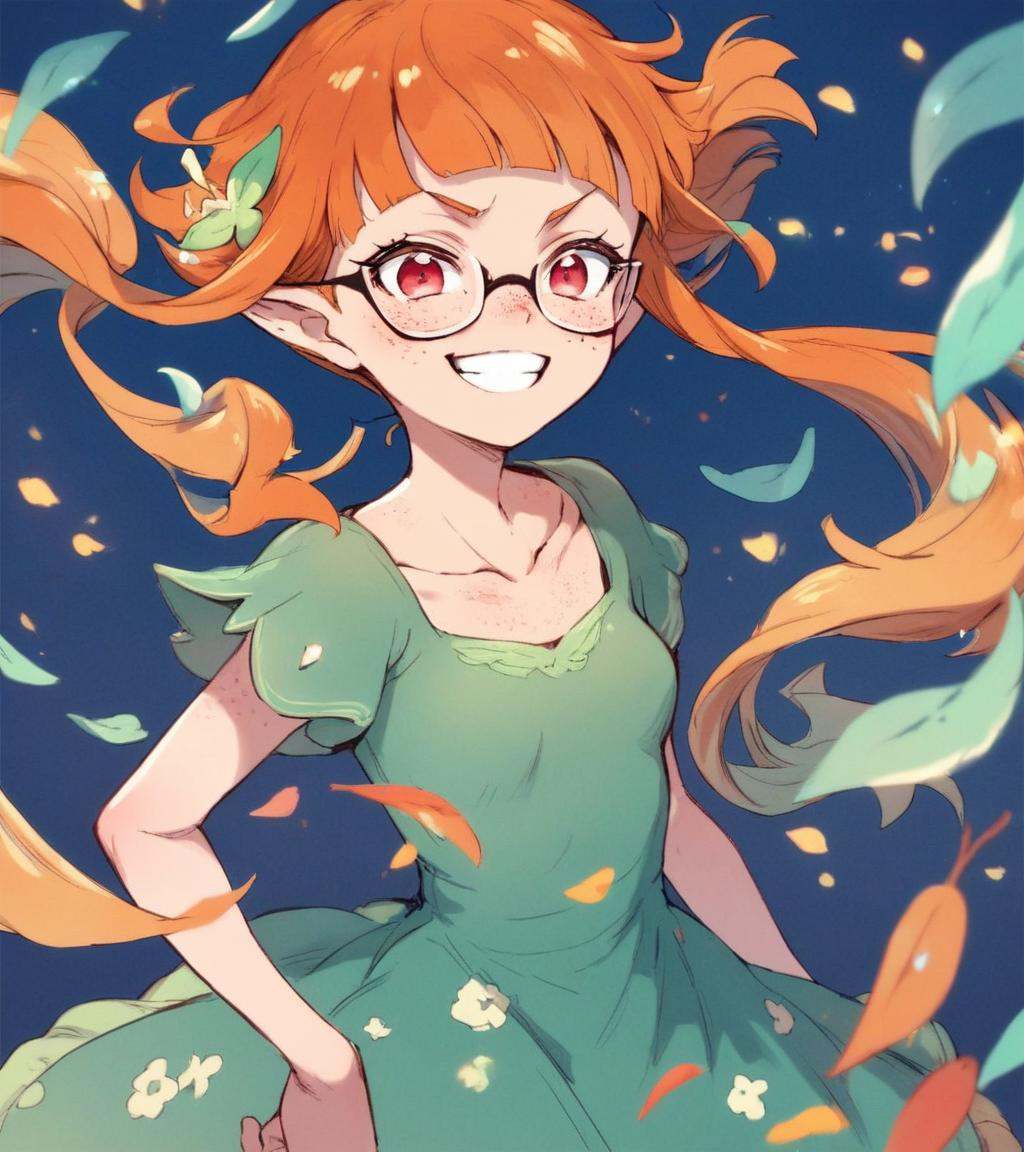 1girl,  a young whimsical elf girl in a leaf dress strolling around a fantasy street full of colorful magical energy,  blu...
