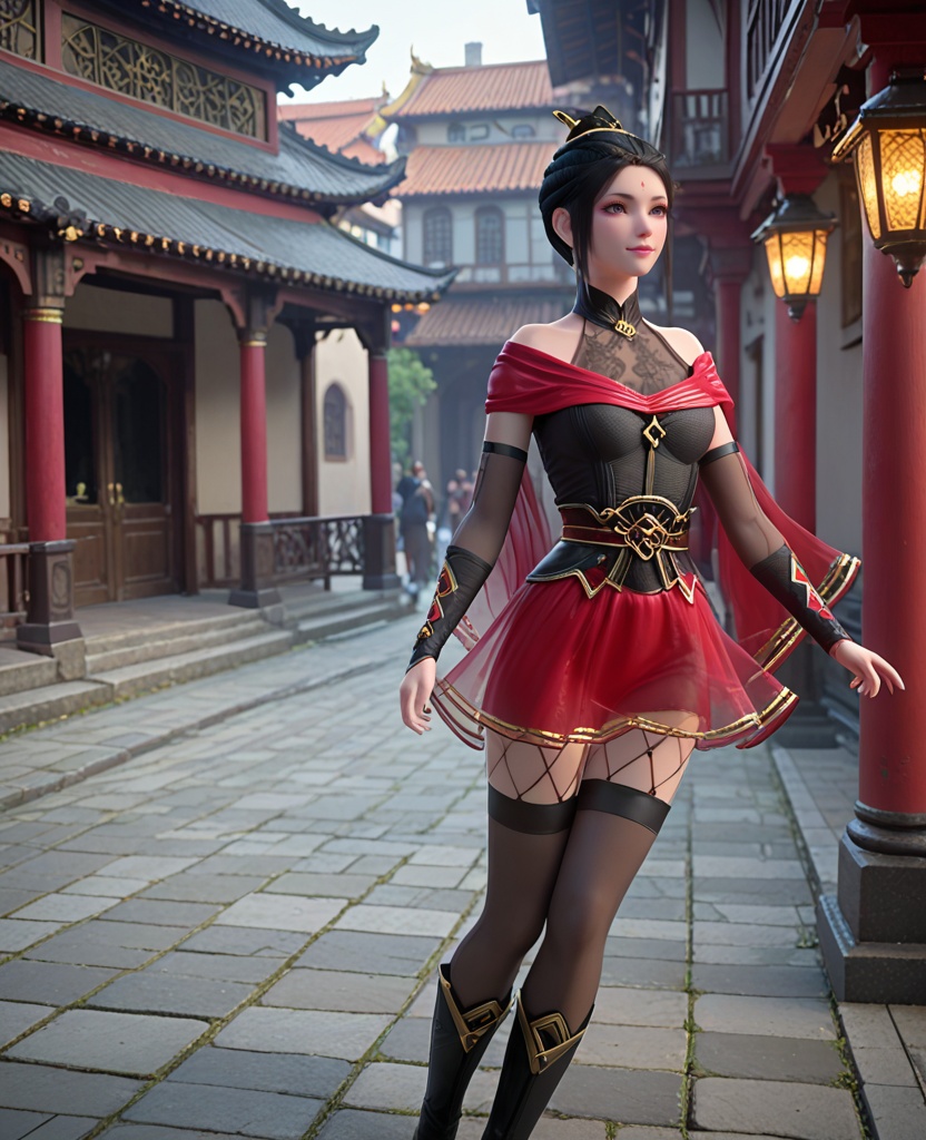 (oriental architecture, elegant decor, sophisticated style:1.1),(Gazing over a raised shoulder, a hint of a smile on her lips, she emanates coyness and playful allure:1.1),(breasts:1.2),<lora:XL斗破苍穹琥嘉:0.95>,miss hujia,black corset,sash,red see-through miniskirt,red shawl,makeup,purple eyes,forehead mark,black hair,sidelocks,hair bun,purple lipstick,eyeshadow,elbow gloves,black thighhighs,black boots,fishnets,, score_9,score_8_up,score_7_up,score_6_up,score_5_up,score_4_up,3d rendering,tag1,tag2, Cinematic Lighting,backlighting,