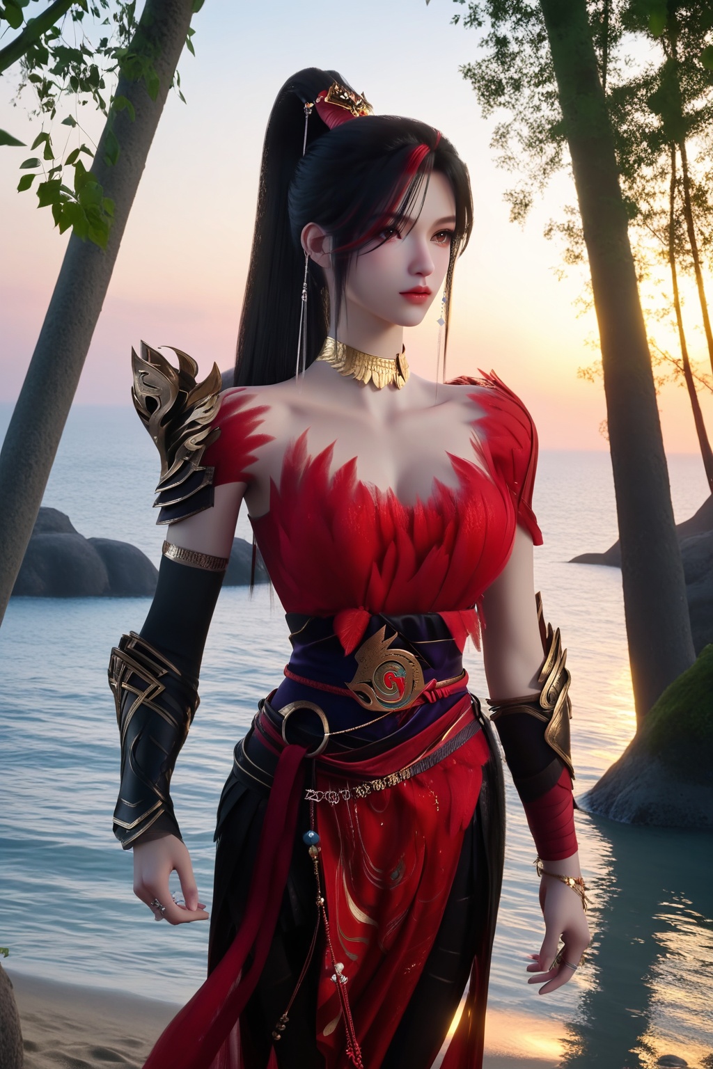 (Standing on a moonlit beach, she raises her arms, feeling the pull of the tides and the vastness of the ocean:1.2),looking at viewer,<lora:XL16神国之上赵襄儿:0.85>,miss zhaoxianger,red wrap dress,brown eyes,black hair,red streaked hair,high ponytail,very long hair,jewelry,single pauldron,feathers trim,sash,bracer,claw rings,black skinny pants,(large breasts:1.2),tree,flower,pink_flower,water,stone,flowers_Surrounded,pondel,, score_9,score_8_up,score_7_up,score_6_up,score_5_up,score_4_up,3d rendering,tag1,tag2, Cinematic Lighting,backlighting,