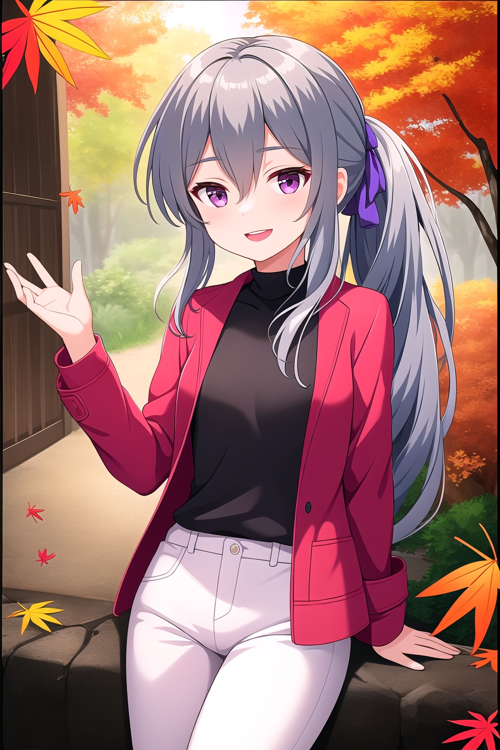 (masterpiece, best quality), highly detailed background, perfect lightingbest quality, shigetoakiho, solo, outdoors, nature, autumn, autumn leaves, grey hair, low ponytail, leaf hair ornament, hair between eyes, very long hair, purple eyes, small breasts, red jacket, open jacket, black shirt, long sleeves, white pants, light smile, open mouth, :d, pink lips, <lora:Shigeto-Akiho:0.7>