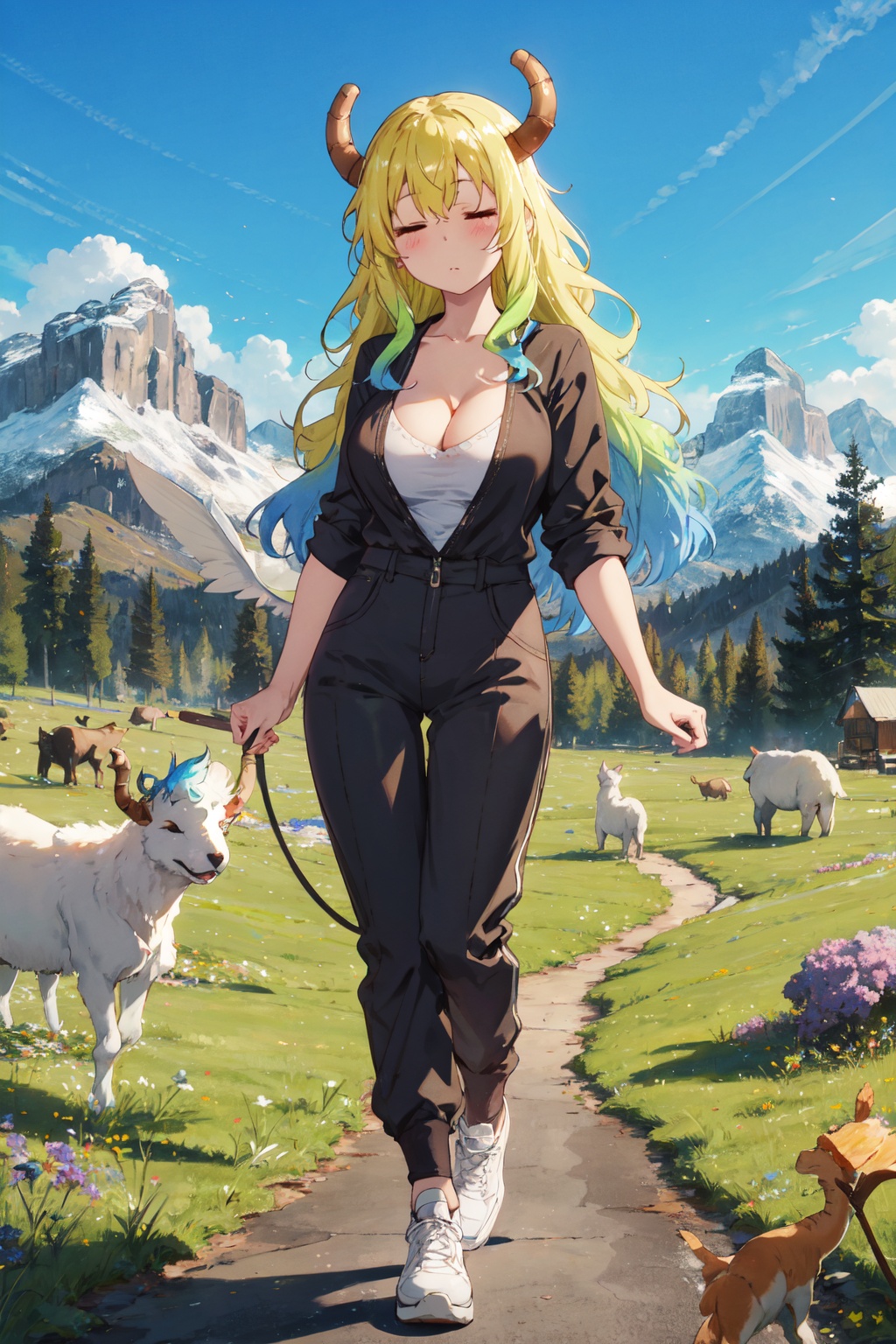 <lora:Quetzalcoatl-000019:0.8>,Lcoa CYQL,1girl,looking at viewer,solo,dragon girl,long hair,blonde hair,green hair,multicolored hair,gradient hair,dragon horns,closed eyes,breasts,large breasts,cleavage,full body,Loose jumpsuit, sneakers.,female_orgasm,upper_body,High above, a vast meadow stretches to the horizon, dotted with wildflowers. Cattle and sheep graze leisurely while snow-capped mountains encircle the scene in the distance,(Japanese irises, Iris pond, Stone lanterns, Water reflections, Summer blooms, Japanese elegance:0.5),beautiful detailed sky,beautiful detailed glow,posing in front of a colorful and dynamic background,masterpiece,best quality,beautiful and aesthetic,contrapposto,female focus,wallpaper,