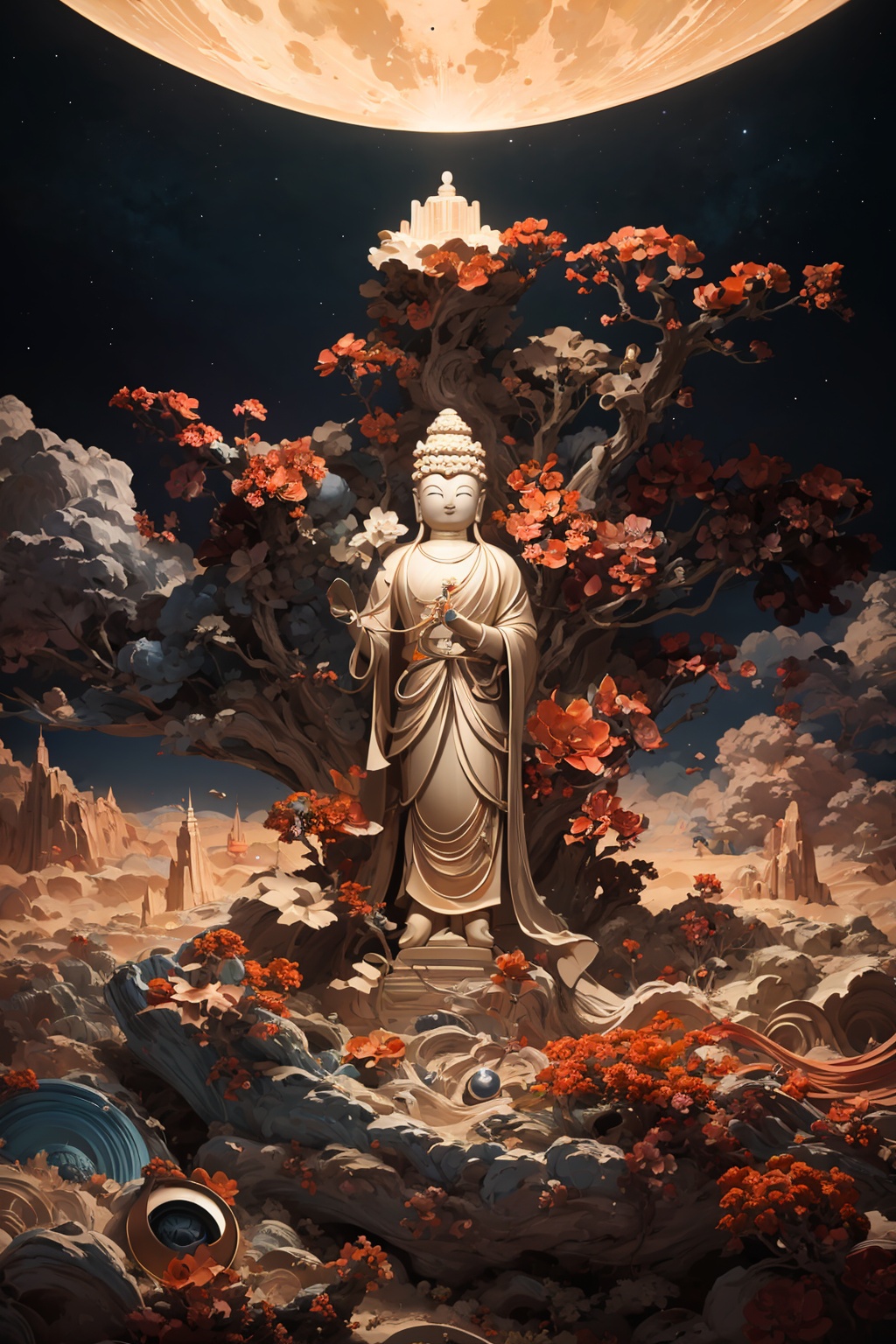 A painting of a golden Buddha standing in front of a huge moon, space art, space travel, space, stunning wallpapers, space, Jen Bartel, surreal space, detailed dreams, magnificent spacecraft paintings, psychedelic illustrations, psychedelic surreal art, grand digital art and details, beautiful space, space theme, space, space theme, space scene,Buddhism ,cloud,Clouds