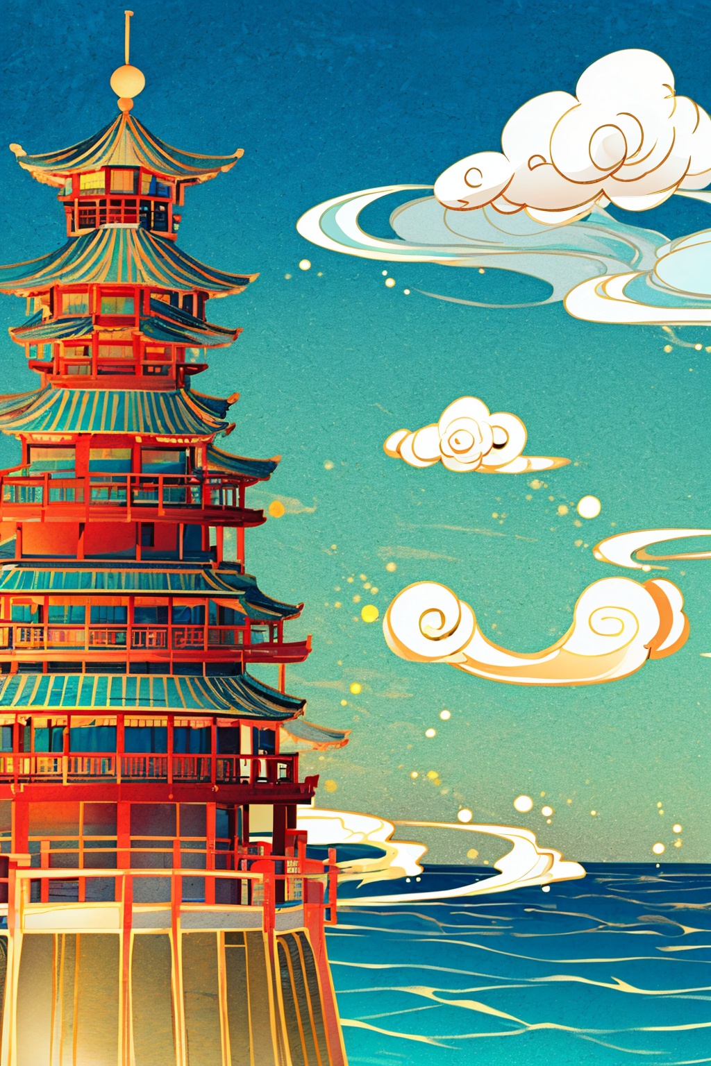 (8k, RAW photo, best quality, masterpiece:1.2,),Realistic,best quality,masterpiece,8K,HDR,RAW,1girl,<lora:add_detail:0.6>,mount,water,cloud,foge,chinese style,tower,<lora:ENNE 只此青绿_v10:0.9>,zcql,
