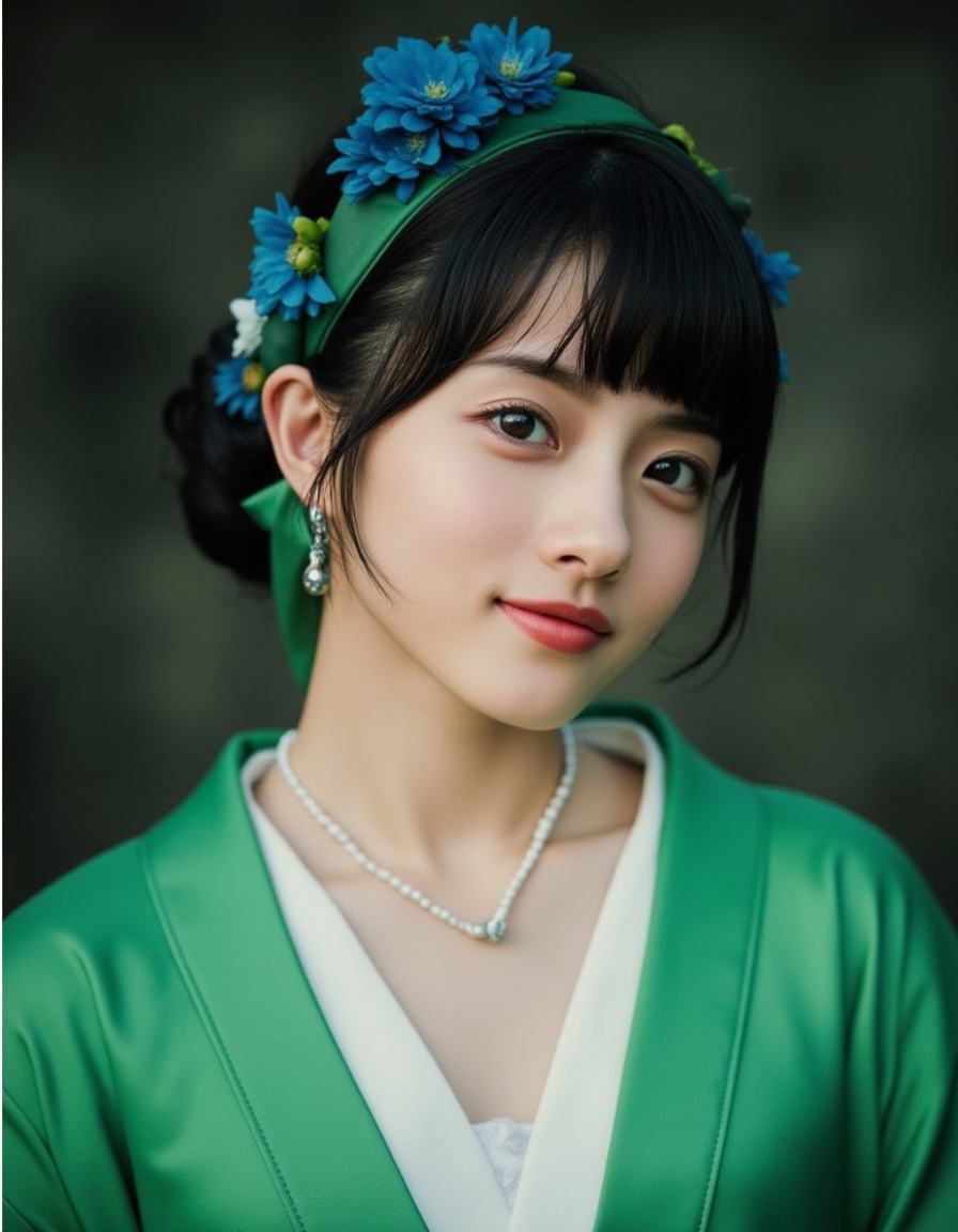 Captured at eye-level,a close-up shot of a young Asian woman,dressed in a green kimono,adorned with a white necklace and earrings. Her hair is styled in a low bun,and she's wearing a headband adorned with blue flowers. The background is blurred,creating a stark contrast to the woman's outfit. The woman's hair is dark,adding a touch of greenery to the scene.,