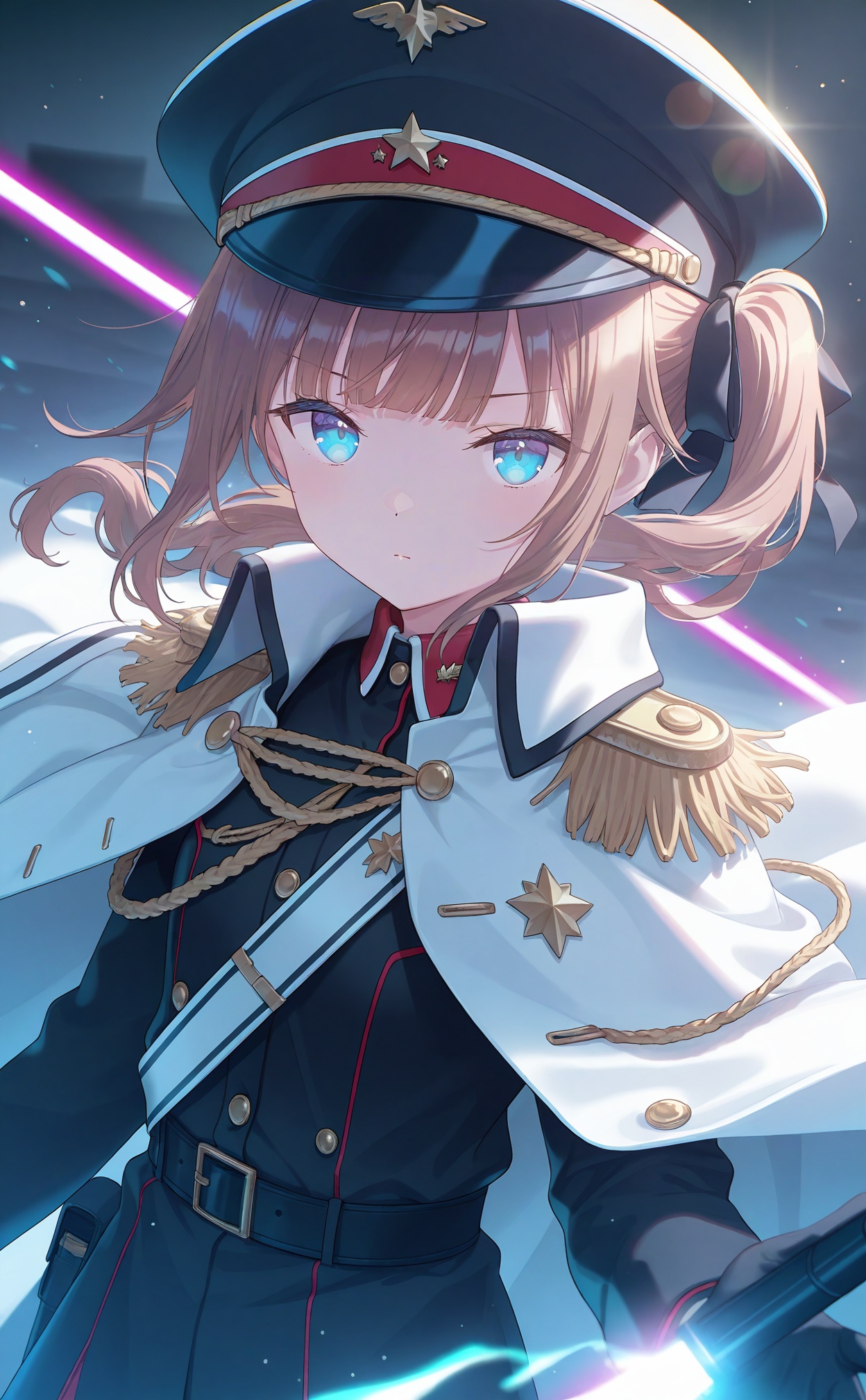 masterpiece,very aware,highres,absurdres,newest,best quality,(loli),petite,high quality,chromatic_aberration,White Theme,//,1girl,black_headwear,solo,hat,epaulettes,gloves,jacket,military_uniform,long_sleeves,upper_body,brown_hair,blue_eyes,serious,closed_mouth,buttons,black_ribbon,expressionless,military,side_ponytail,uniform,floating_hair,light_particles,ribbon,blurry,black_jacket,white_cape,military_hat,looking_at_viewer,laser,high_collar,hair_ribbon,aiguillette,energy_beam,cape,sword,jacket_on_shoulders,blunt_bangs,sidelocks,glowing,star_\(symbol\),energy_sword,black_gloves,medium_hair,wavy_hair,collared_jacket,dot_nose,weapon,//,artist:luvluvvox,artist:fukai ryosuke,[artist:Torino aqua],artist:minato hitori,hiten_(hitenkei),artist:rurudo,artist:lazuri7,artist:yunikon,//,absurdres,newest,very aesthetic,amazing quality,highres,sensitive,ultra detailed,best anatomy,HDR,8K,high detail RAW color art,high contrast,illustration,depth of field,(colorful),phenomenal aesthetic,detailed light,blurred picture,Tyndall effect,contrast,lens flare,cinematic lighting,//,<lora:PVC5——【noob】hans:0.3>,<lora:konya_karasue——【noob】hans:0.5>,<lora:pjsk-noob-hans:0.65>,