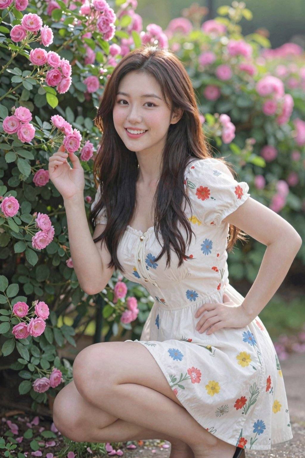 This is a high-resolution photograph of a young Asian woman with a fair complexion and long, wavy, dark brown hair. She is smiling brightly, revealing her straight white teeth, and is positioned slightly crouching among a lush garden of blooming pink roses and green foliage. Her attire consists of a short-sleeved, white dress adorned with a colorful floral pattern featuring red, blue, and yellow flowers. The fabric of her dress appears soft and slightly textured, likely made from cotton or a similar material.The woman's makeup is minimal, with a natural look that enhances her features. Her eyes are accentuated with a subtle smoky eye, and her lips are painted a soft pink. She has a slender physique, and her posture is relaxed yet poised, with her right hand gently touching a rose bush while her left hand rests on her hip.The background is filled with various shades of green and pink from the flowers and leaves, creating a vibrant and serene natural setting. The sunlight filters through the foliage, casting soft, warm light on her and the surrounding plants, adding to the peaceful and joyful ambiance of the photograph.