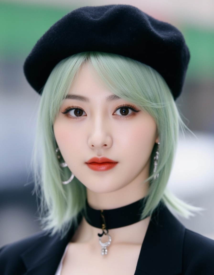 A photograph of a young Asian woman with fair skin and striking light green hair. She wears a black beret and matching choker, along with a black jacket. Her makeup is subtle, emphasizing her large eyes with dark eyeliner and mascara. She has a delicate, slender build and is adorned with silver hoop earrings. The background is blurred, indicating an outdoor setting, possibly a street or park. The image captures a modern, stylish urban aesthetic.