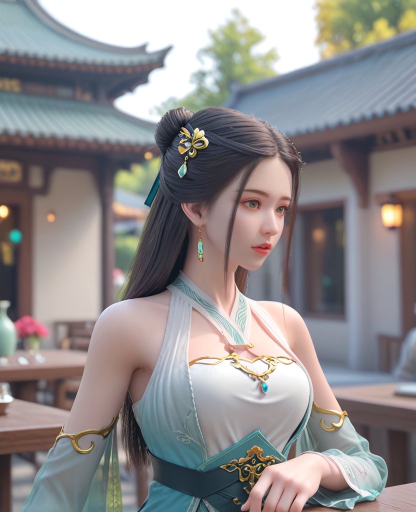 (oriental architecture, elegant decor, sophisticated style:1.1),(leaning against the Bar counter:1.1),(breasts:1.2),<lora:XL雪鹰领主卓依:0.8>,miss zhuoyi,blue gradient white dress,white corset,black hair,long hair,detached sleeves,hair ornament,jewelry,hair bun,see-through sleeves,green eyes,black belt,red eyelashes,, score_9,score_8_up,score_7_up,score_6_up,score_5_up,score_4_up,3d rendering,tag1,tag2, Cinematic Lighting,backlighting,
