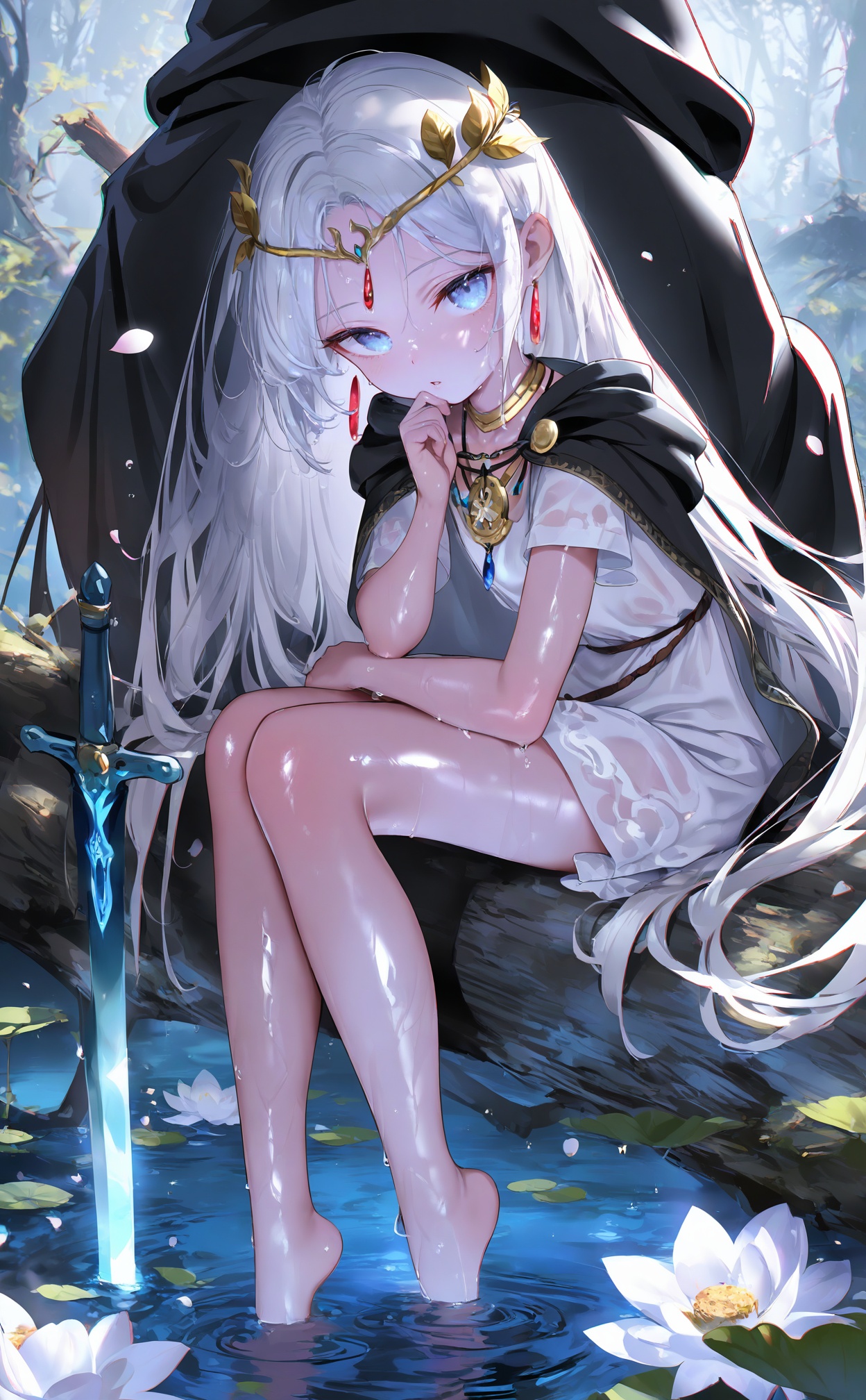 masterpiece,highres,absurdres,newest,best quality,high quality,loli,petite,chromatic_aberration,//,loli,1girl,weapon,long_hair,blue_eyes,barefoot,soaking_feet,jewelry,water,sitting,flower,hooded_cloak,sword,necklace,dress,white_dress,cloak,hood,pendant,white_hair,black_cloak,black_ribbon,very_long_hair,looking_at_viewer,white_flower,petals,ribbon,lotus,hood_up,1boy,ripples,short_sleeves,full_body,1other,fire,parted_lips,feet,wet,hair_ornament,bare_legs,nature,falling_petals,tree,oily skin,shiny skin//,<lora:nai4zhengliu3——【noob】hans:1>,