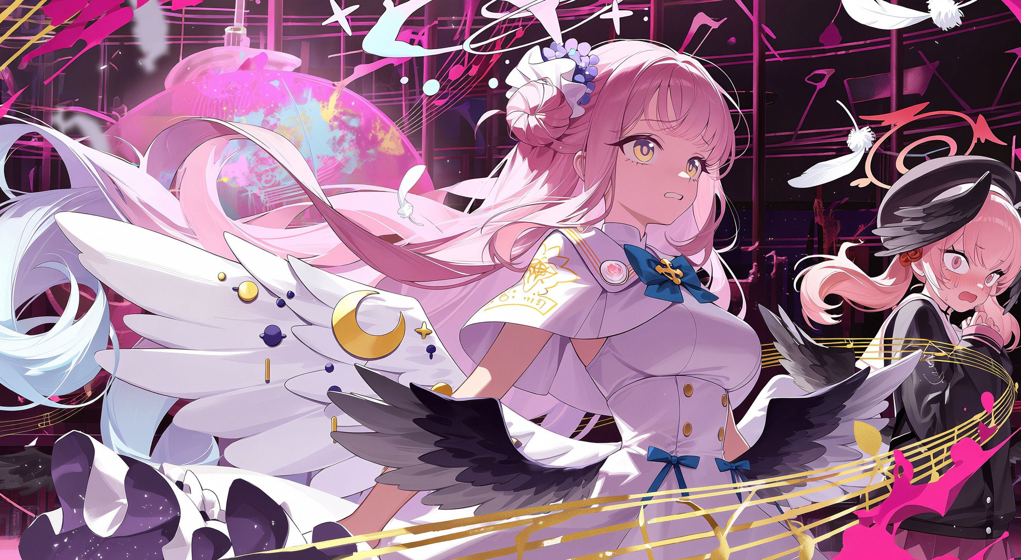 score_8,  score_7,  A flurry of white feathers and golden filigree frames the scene as mika \(blue archive\) and koharu \(...