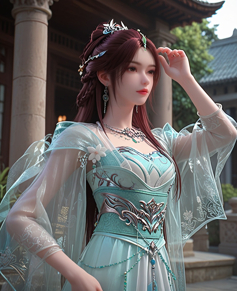 (oriental architecture, elegant decor, sophisticated style:1.1),Kicking one leg up,(breasts:1.2),<lora:XL完美世界叶倾仙:0.9>,miss yeqingxian,solo,see-through vest,green  corset,sash,see-through sleeves,see-through outerskirt with white petticoat underneath,brown eyes,brown hair,long hair,hair ornament,half updo,hanging hair,necklace,earrings,jewelry,, zPDXL2, score_9, score_8_up, score_7_up BREAK realistic, masterpiece,best quality, highly detailed,, zPDXL3, zPDXL2,zPDXL, zPDXLxxx, zPDXLrl,