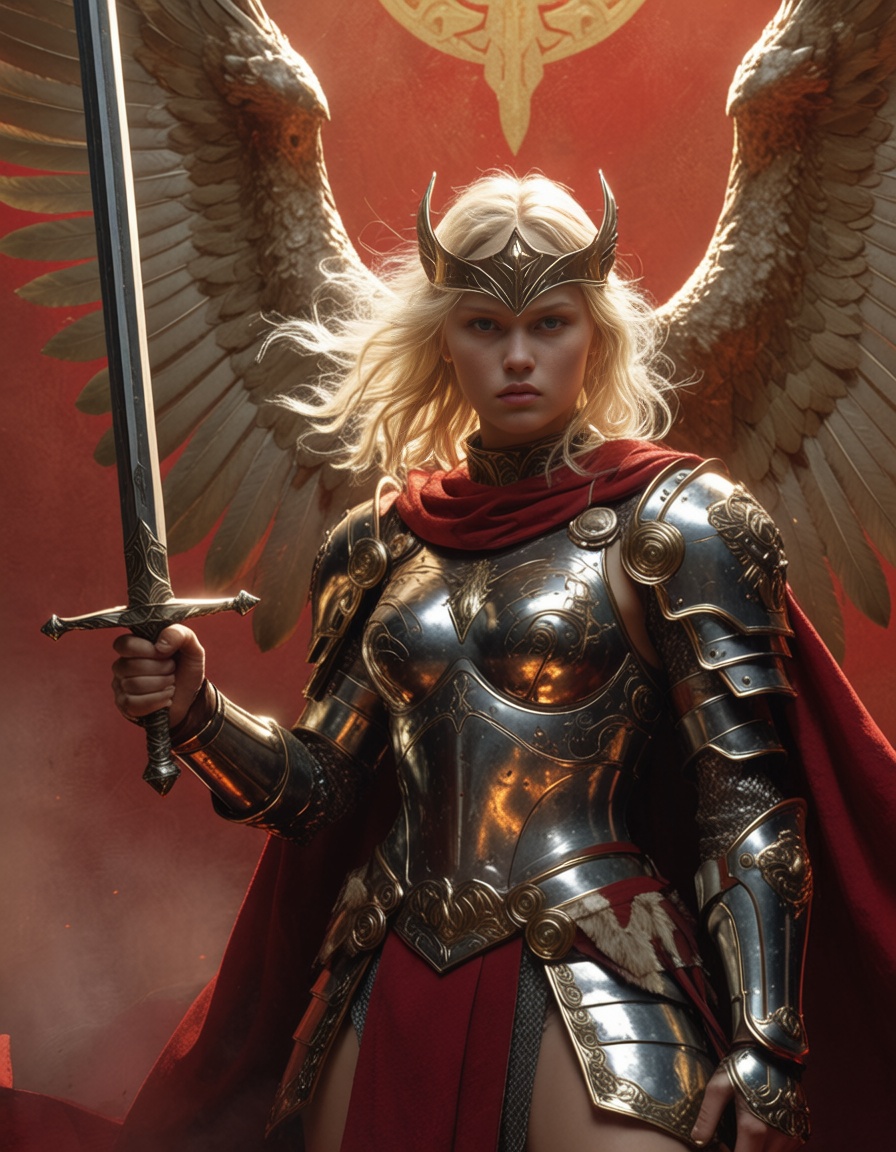 epic fantasy portrait of an armored valkyrie wielding a sword. golden wings,  blonde hair,  stoic expression on Tensor.Art