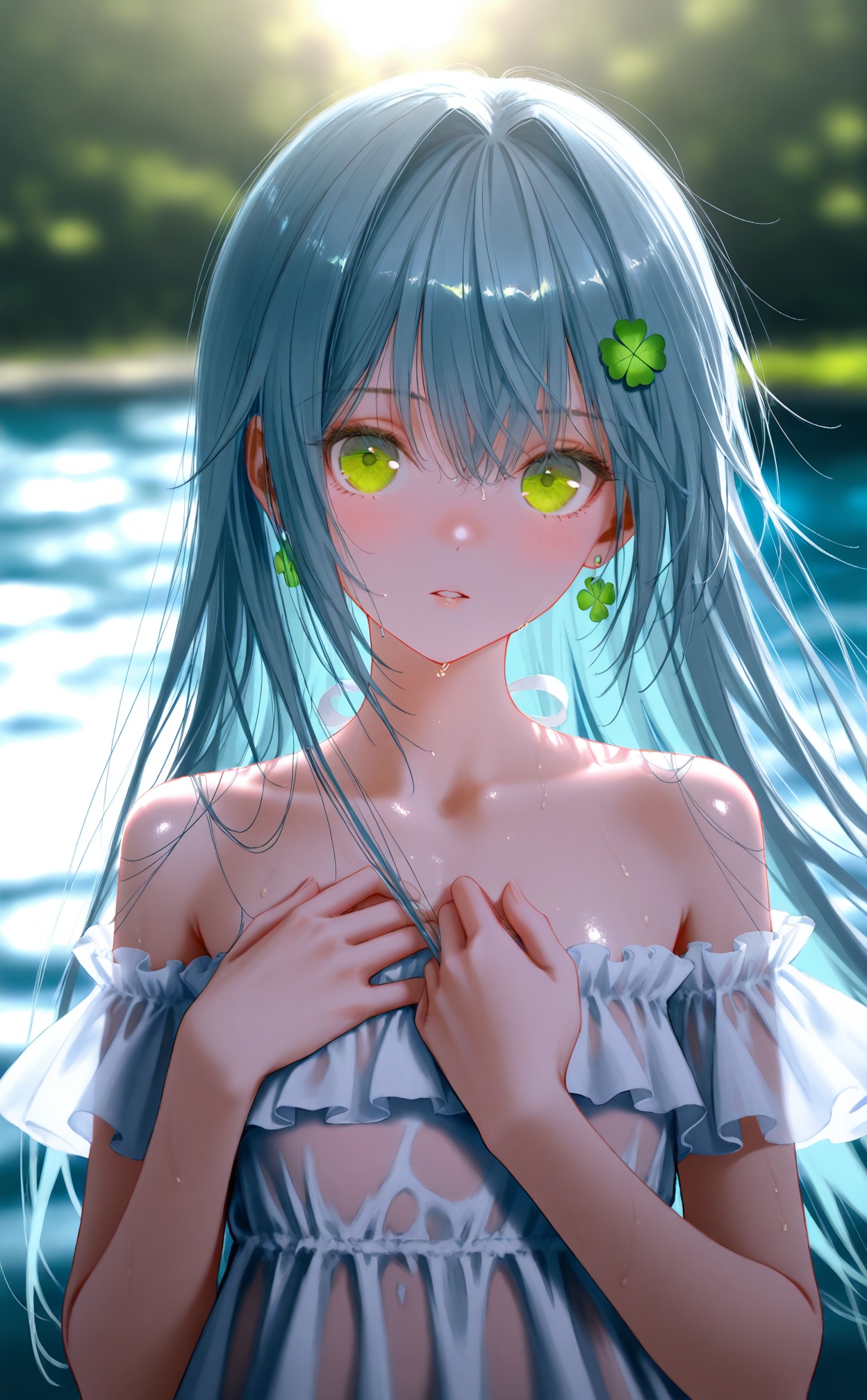 masterpiece,very aware,highres,absurdres,newest,best quality,high quality,loli,petite,chromatic_aberration,Light Blue Theme,lens_flare,//,1girl,solo,green eyes,dress,bare shoulders,looking at viewer,off-shoulder dress,white dress,jewelry,long hair,water drop,hair ornament,parted lips,earrings,upper body,off shoulder,clover hair ornament,wet,hands on own chest,small breasts,breasts,wet clothes,blue hair,blurry,flower earrings,blush,clover,hair flower,four-leaf clover,hands up,frilled dress,blurry background,flower,frills,collarbone,aqua hair,four-leaf clover hair ornament,wet dress,backlighting,short sleeves,strapless dress,//,(artist:konya_karasue),(artist:rin_yuu),(artist:quasarcake:0.4),(artist:wlop:0.6),(alzi xiaomI:1.2),(artist:mogumo:0.6),(artist:chen bin:0.7),(rurudo:0.9),(honjou raita,lack,rella,wanke:0.3),(nakamura_regura:0.4),(yoneyama mai:0.3),//,official art,depth of field,detailed light,blurry background,best shadow,shiny skin,cinematic lighting,ray tracing,amazing quality,very aesthetic,absurdres,beast quality,ultra detailed,newest,8K,HDR,