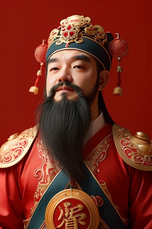 caishen,beard,Low Angle,Red background,<lora:caishen-000004:0.7>,Half of one's body,solo,stand