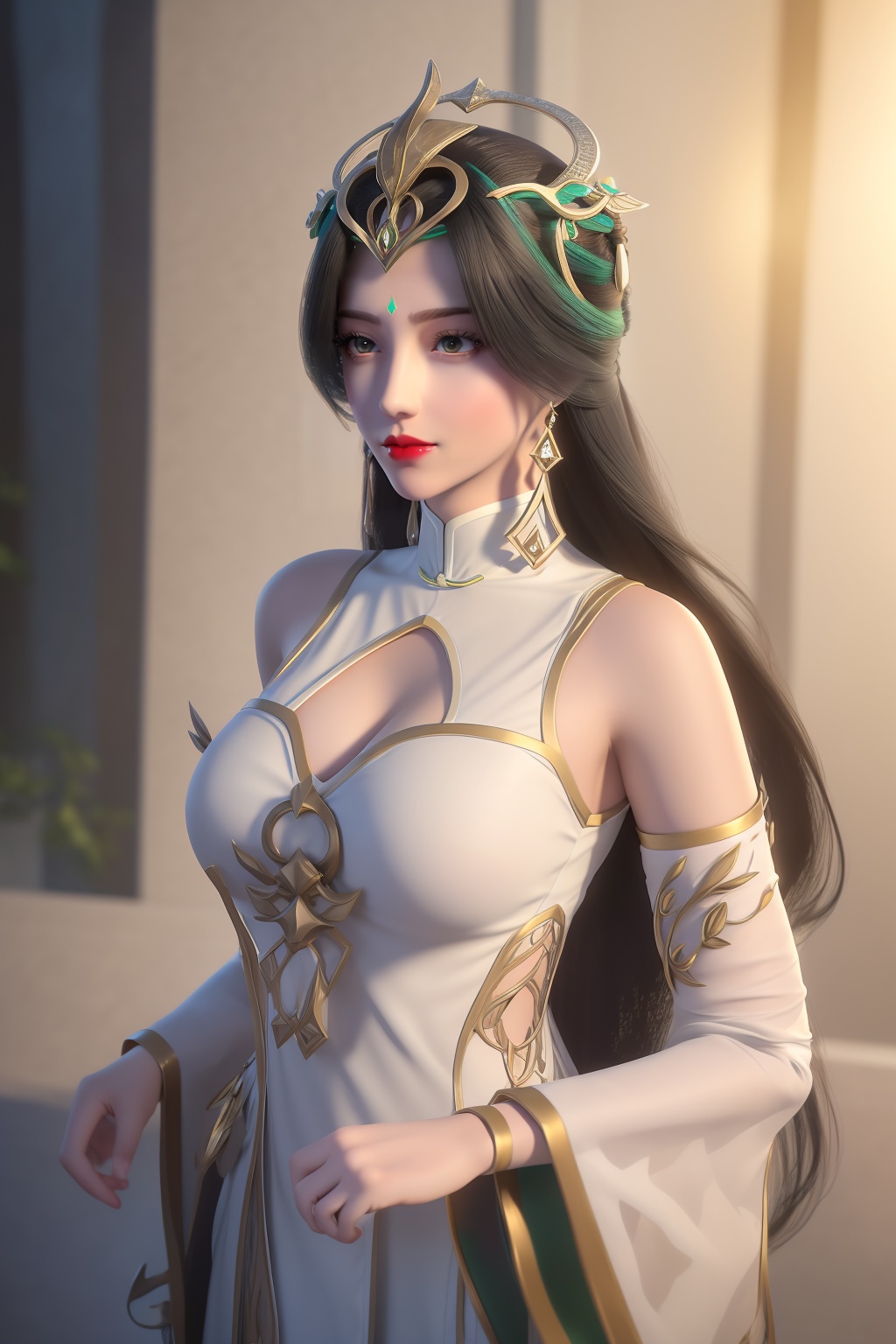 ultra realistic 8k cg, flawless, clean, masterpiece, professional artwork, famous artwork,cinematic lighting, cinematic bloom, perfect face, beautiful face,shenfengBaiHeHuai,1girl, solo,dress,standing,portiart,chinese clothes,clothing cutout,detached sleeves,forehead mark,facial mark,torogao,smile,red lips, breasts,large breasts,cleavage,jewelry,earrings,hair ornament,green theme,long hair,realistic, looking at viewer,<lora:shenfengLiuShen_20240102074313-000004:0.7>,