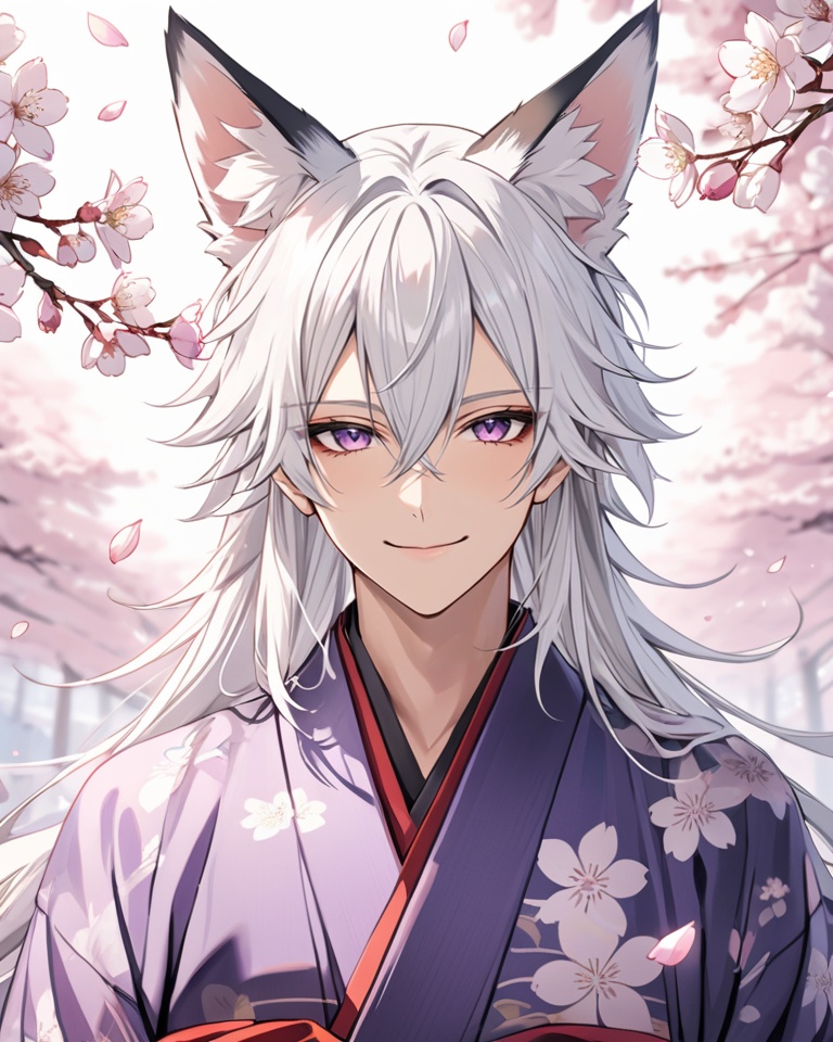 (best quality), ((masterpiece)), (highres), illustration, original, extremely detailed . <lora:日式动漫人设BOY版XL:0.7>jjj, 1boy, male focus, animal ears, solo, long hair, cherry blossoms, purple eyes, japanese clothes, fox ears, looking at viewer, upper body, petals, smile, white hair, fox boy, hair between eyes, kimono