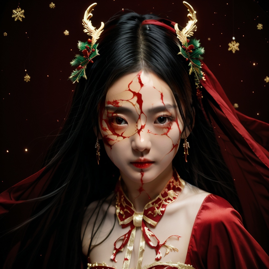 huapighost,((1girl:1.5)),韩晓梅,solo,red eyes,looking at viewer,black hair,christmas costumes,split theme,<lora:NewHuapi:0.8>,, ((masterpiece)), ((best quality)), 8k, high detailed, ultra-detailed,