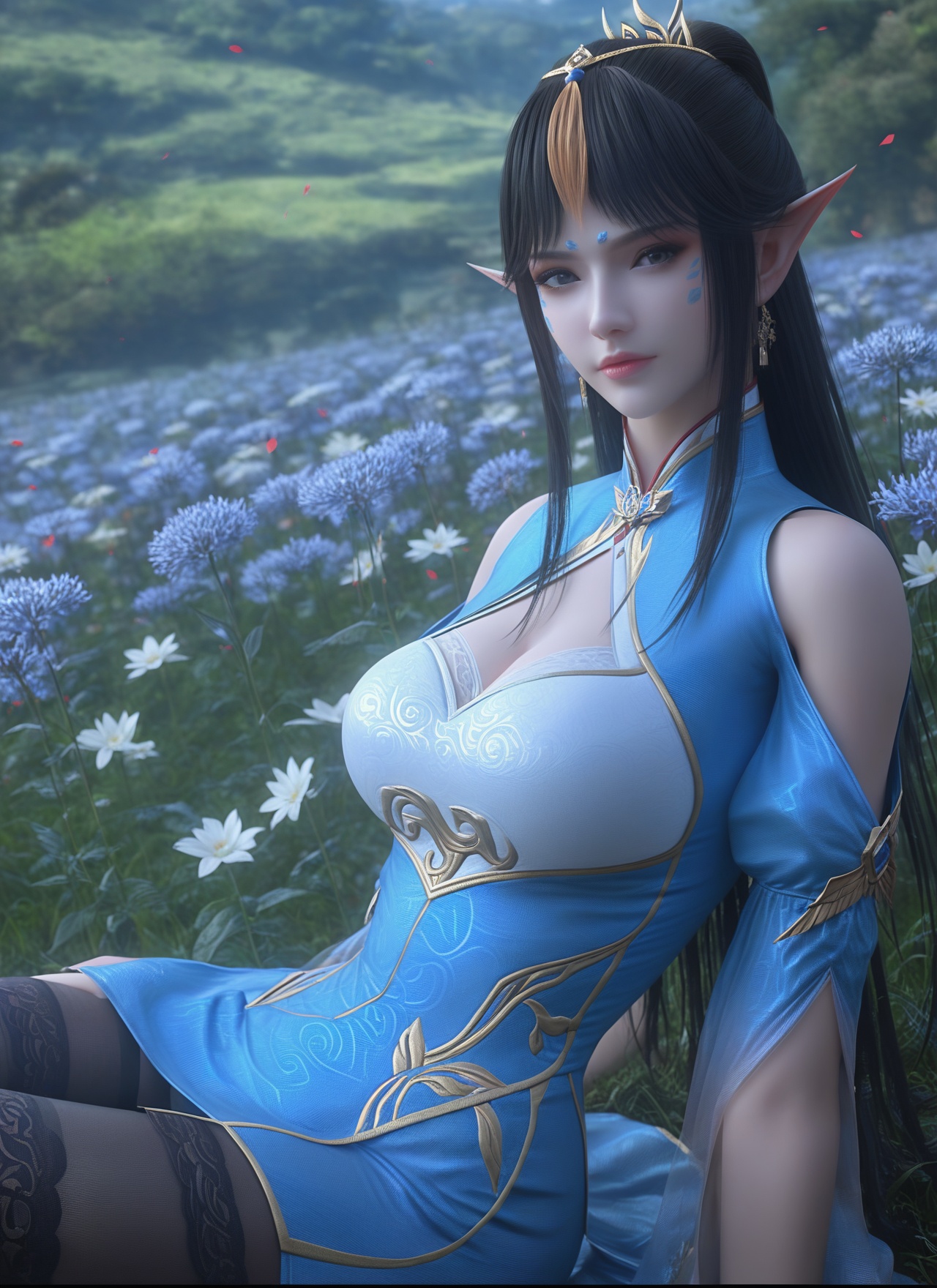 fengqinger,<lora:fengqingerXL:0.8>,score_9,score_8_up,score_7_up,32K UHD,8k,4k,best quality,extremely detailed cg 8k wallpaper,ultra-detailed,Dark light,dark scene,masterpiece,sharp focus,unconventional supreme masterpiece,masterful details,temperate atmosphere,with a high-end texture,Dynamic Angle,Dynamic posture,translucent,luxurious sharp focus,intense,dynamic cinematic color,intricate detail,located artistic,Fashion and art,elegant and sophisticated,innovative use of light and shadow,decorative,allegorical,symbolic,with a high-end texture,low saturations,dim lighting,1girl,solo,looking at viewer,{sexy stockings|cowl neck stockings|black stockings|plaid tights|nude stockings|thigh-high socks|leggings|pantyhose|seamless stockings},pale_skin,(shiny_skin:0.8),shorts,big breasts,cleavage,bra,framed breasts,high detailed skin,closed mouth,pointy ears,black hair,long hair,facial mark,hair ornament,forehead mark,bare shoulders,flower field,petals,(breast grab:0.8),outdoors,clothing cutout,blue dress,hair ornament,shoulder cutout,cleavage cutout,expressionless,chinese clothes,