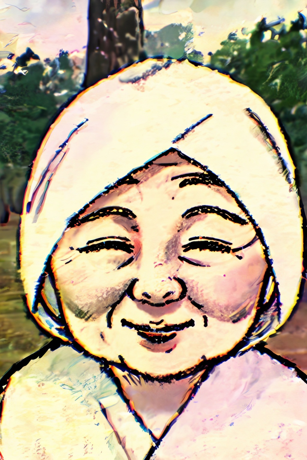 anzhiju_style,anzhiju_style, a drawing of a person with a hood on and a smile on their face, with trees in the background, 1girl, solo, smile, closed eyes, outdoors, facing viewer, chromatic aberration, old, old woman, wrinkled skin, robe