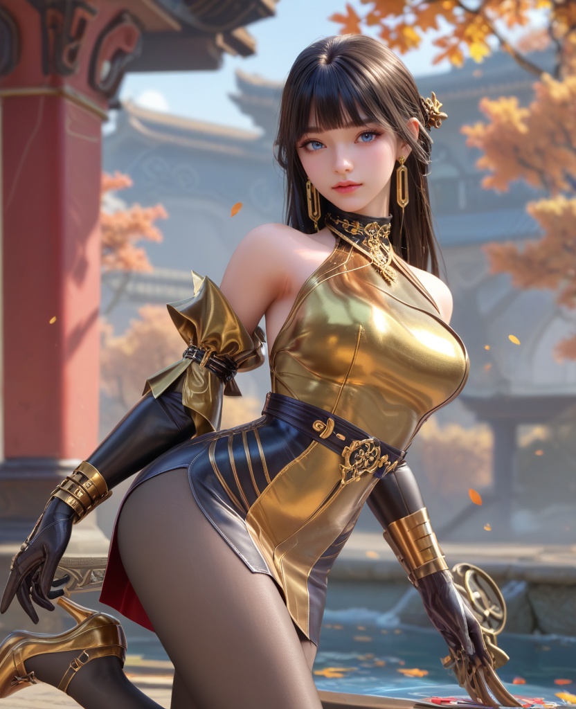 (oriental architecture, elegant decor, sophisticated style:1.1),(head down:1.1),(breasts:1.2),<lora:XL16穿越火线步练师灵魂武者:0.95>,miss bulianshi,yellow and black short dress,blue eyes,blunt bangs,black hair,half updo with long cascading hair,earrings,jewelry,black elbow gloves,bracelet,bare left shoulder,armlet,black pantyhose,yellow high heels,, score_9,score_8_up,score_7_up,score_6_up,score_5_up,score_4_up,3d rendering,tag1,tag2, Cinematic Lighting,backlighting,, zPDXL3, zPDXL2,zPDXL, zPDXLxxx, zPDXLrl,