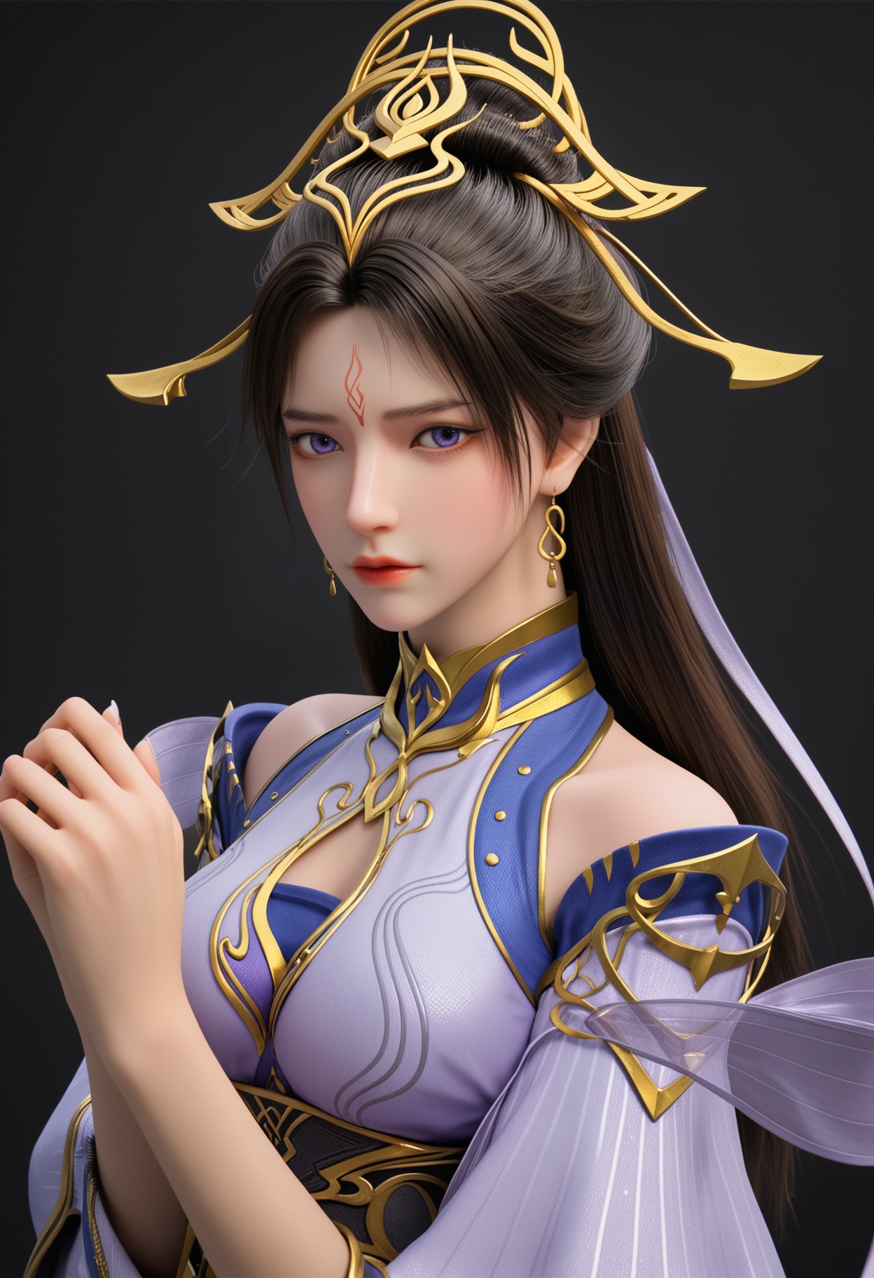 (upper_body:1.2),score_9,score_8_up,masterpiece,(best quality),intricate details,facing viewer,(looking at viewer:1.1),<lora:YQ_pony_chuxuaner_fuzhaung4_V4:0.8>,q1528437228,1girl,solo,long hair,hair ornament,jewelry,earrings,black hair,dress,forehead mark,blue eyes,brown hair,detached sleeves,hair bun,chinese clothes,sash,wide sleeves,high heels,pantyhose,ponytail,long sleeves,shoes,black pantyhose,purple eyes,stiletto heels,blue footwear,BREAK(score_9:1.2),(score_8_up:1.2),masterpiece,best quality,very aesthetic,perfect anatomy,(hourglass),perfect face,(simple background,pure black background,black background:1.1),fair_skin,(shiny_skin:1.1),Ivory_skin,