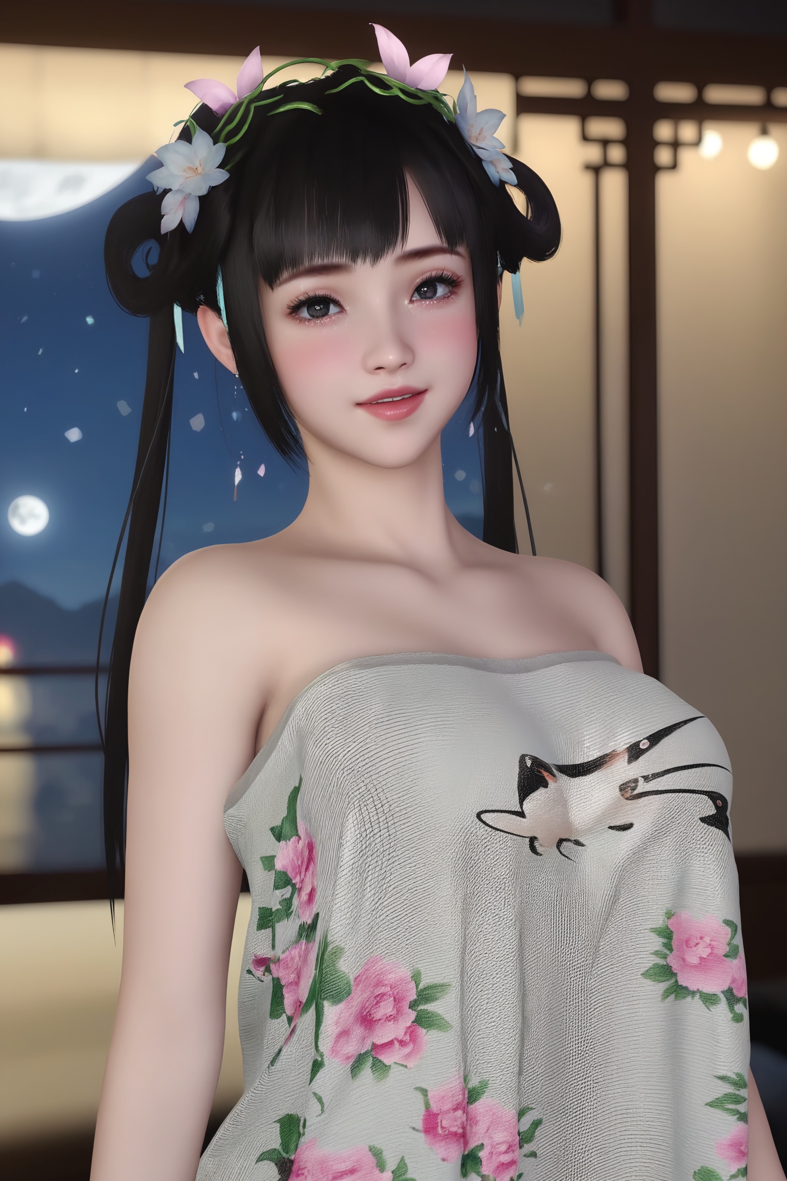 score_9,1girl,solo,shiny,shiny_hair,score_9,upper_body,portrait,fair_skin,white_skin,shiny_skin,shiny,Ivory_skin,looking at viewer,cinematic lighting,volumetric lighting,solo focus,blurry background,depth of field,night,sky,night sky,full moon,(huge planetary background:1),moonlight,<lora:落花泪国风肚兜:0.7>,long black hair,twin ponytails,a loose,off-shoulder top made of a light,sheer fabric with a floral pattern featuring pink and green blossoms.,