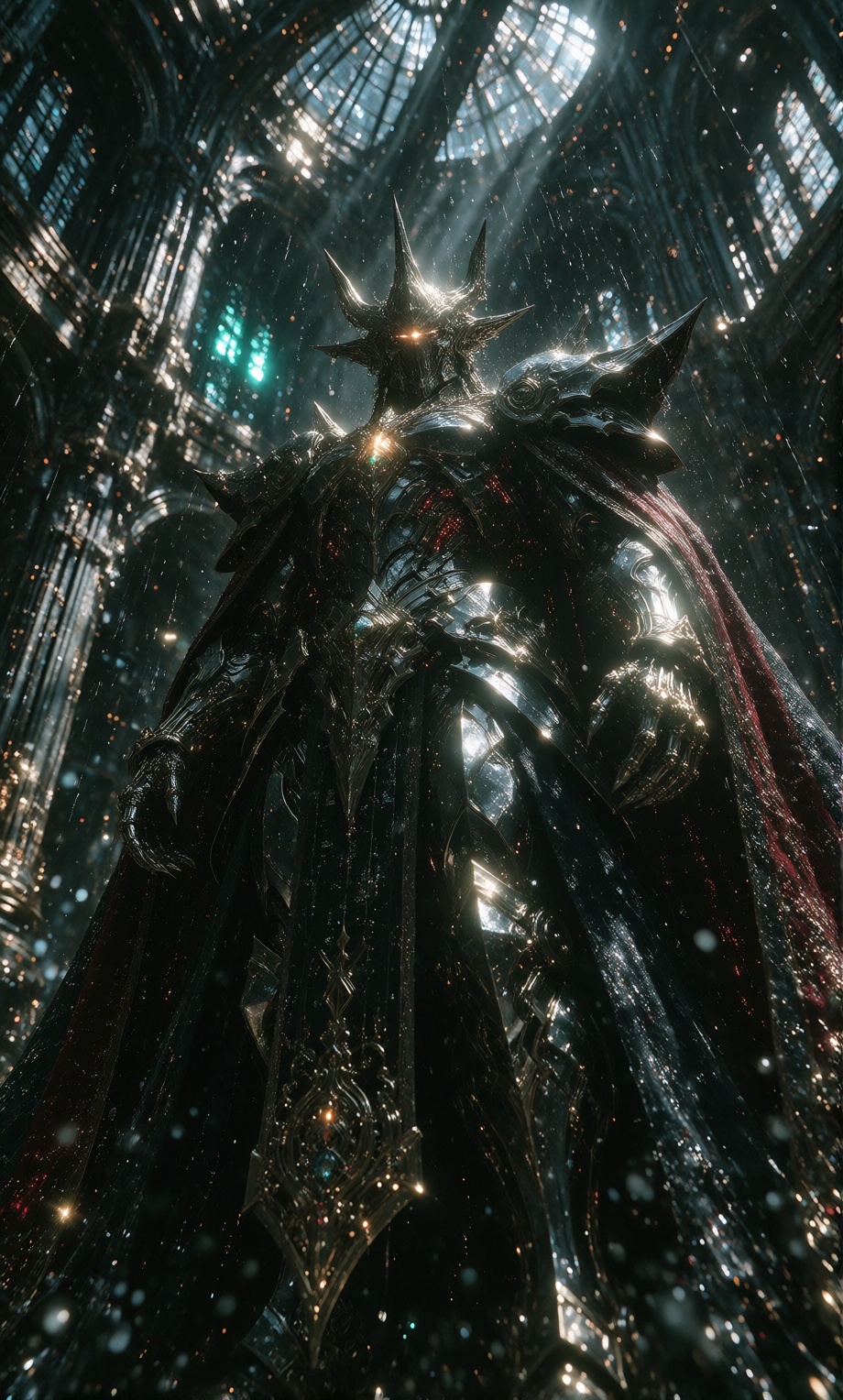 gigantic gothic cybernetic deity with an angular black chrome helmet,  solitary radiant emerald eye,  crimson circuitry be...
