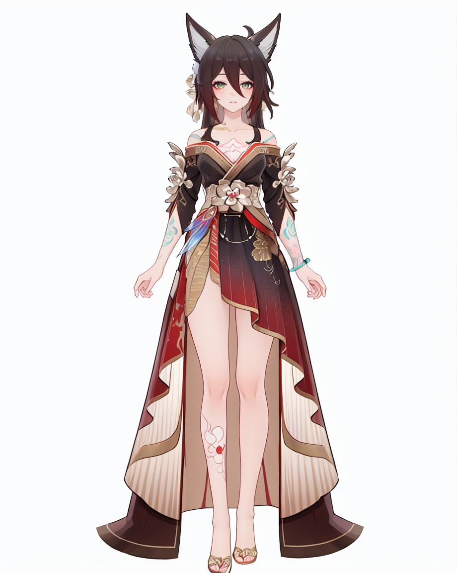 8k, best quality, masterpiece, (ultra-detailed), (high detailed skin), (by nanoless, by misumi \(macaroni\),:0.5), A full-body portrait of a young girl, standing gracefully, pastel art style, high-key lighting, shoujo manga influence, hd quality, delicate details, full body, full shot, standing, looking at viewer, (solo:1.2), simple background, white background, <lora:tingyun-sd-Tanger-000019:0.8>, tingyun, (fugue \(honkai: star rail\), fugue, 2nd clothes, wanggui black dress,  golden tattoo on shoulder:1.2), 1girl, animal ears, green eyes, long hair, japanese clothes, fox ears,
