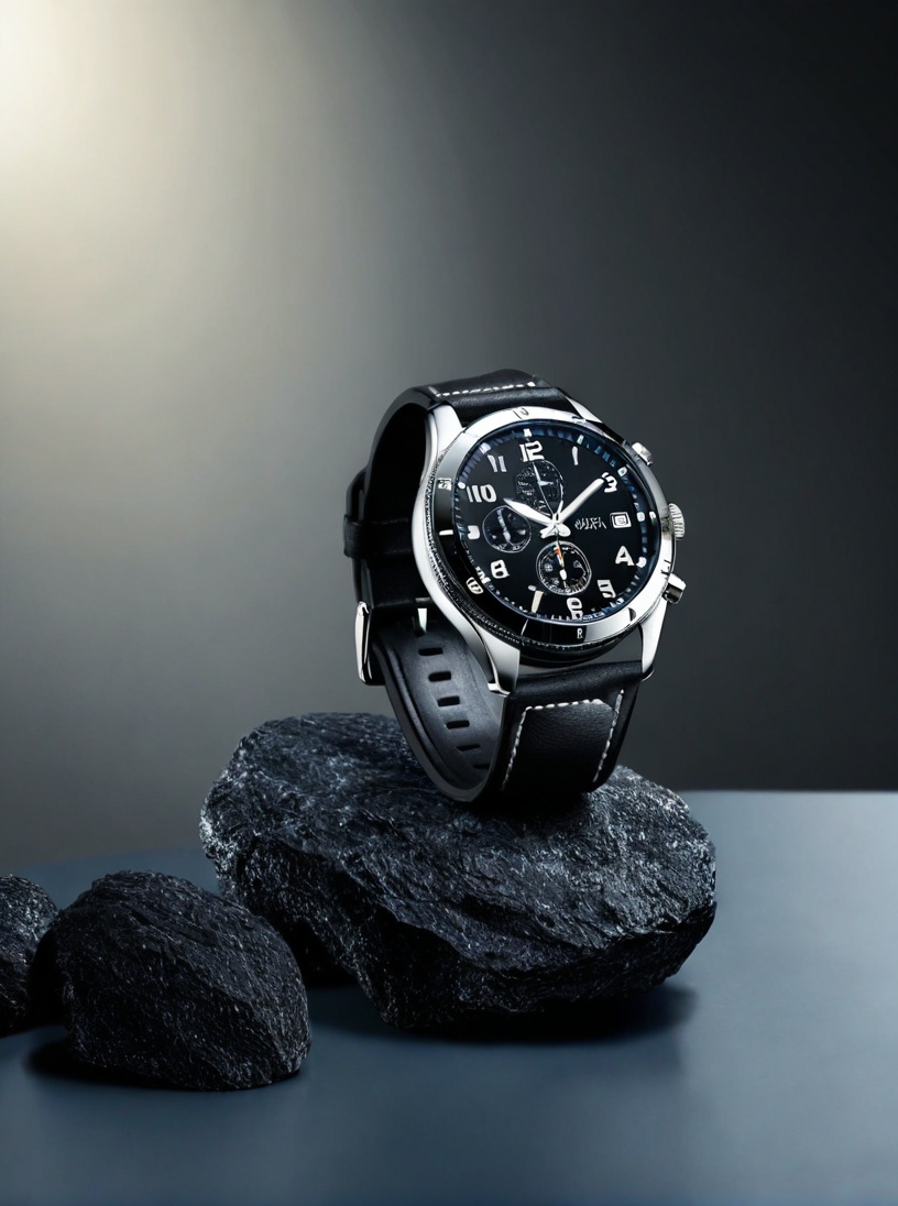 gaoji,Studio shot of the watch,placed on an elegant black countertop with a background of dark grey and light gradient blue,soft studio lighting,depth of field,<lora:aki-3c数码-000008:0.8>,