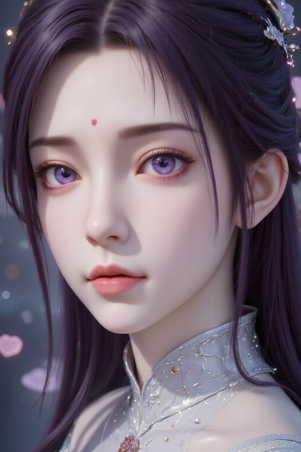 Photograph of a young woman with fair skin and striking purple eyes.