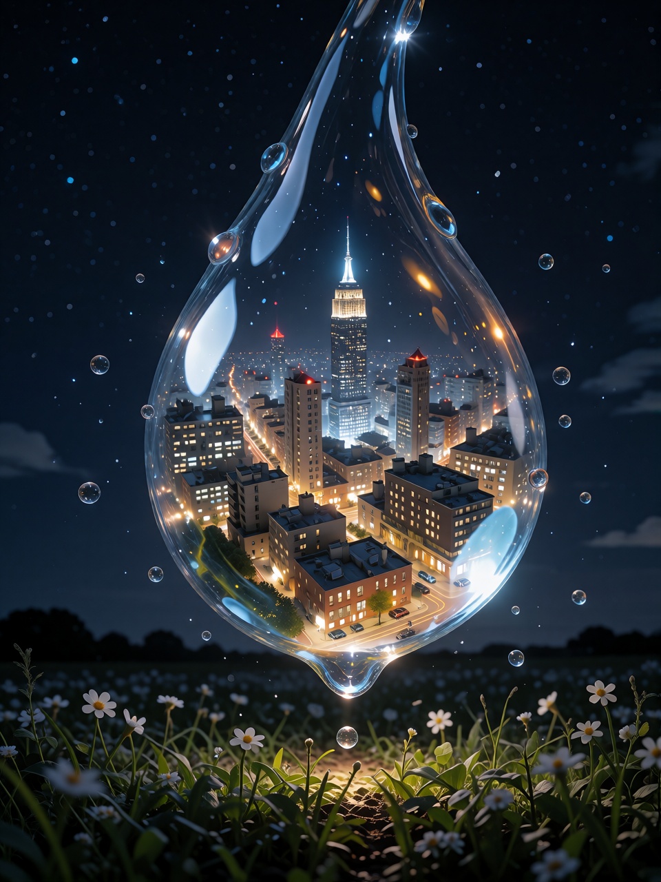 A giant transparent tear suspended in midair containing an entire illuminated city inside it,  floating above a dark field...