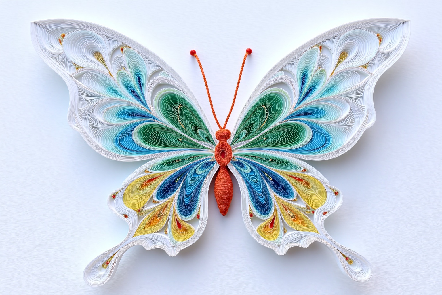 beijihui,a clear glass butterfly is perched on a white striped surface. The butterfly's wings are adorned with a variety of vibrant colors,including blue,green,yellow,orange,and red. The butterflies' body is adorned with two orange strings,adding a pop of color to the scene.,
