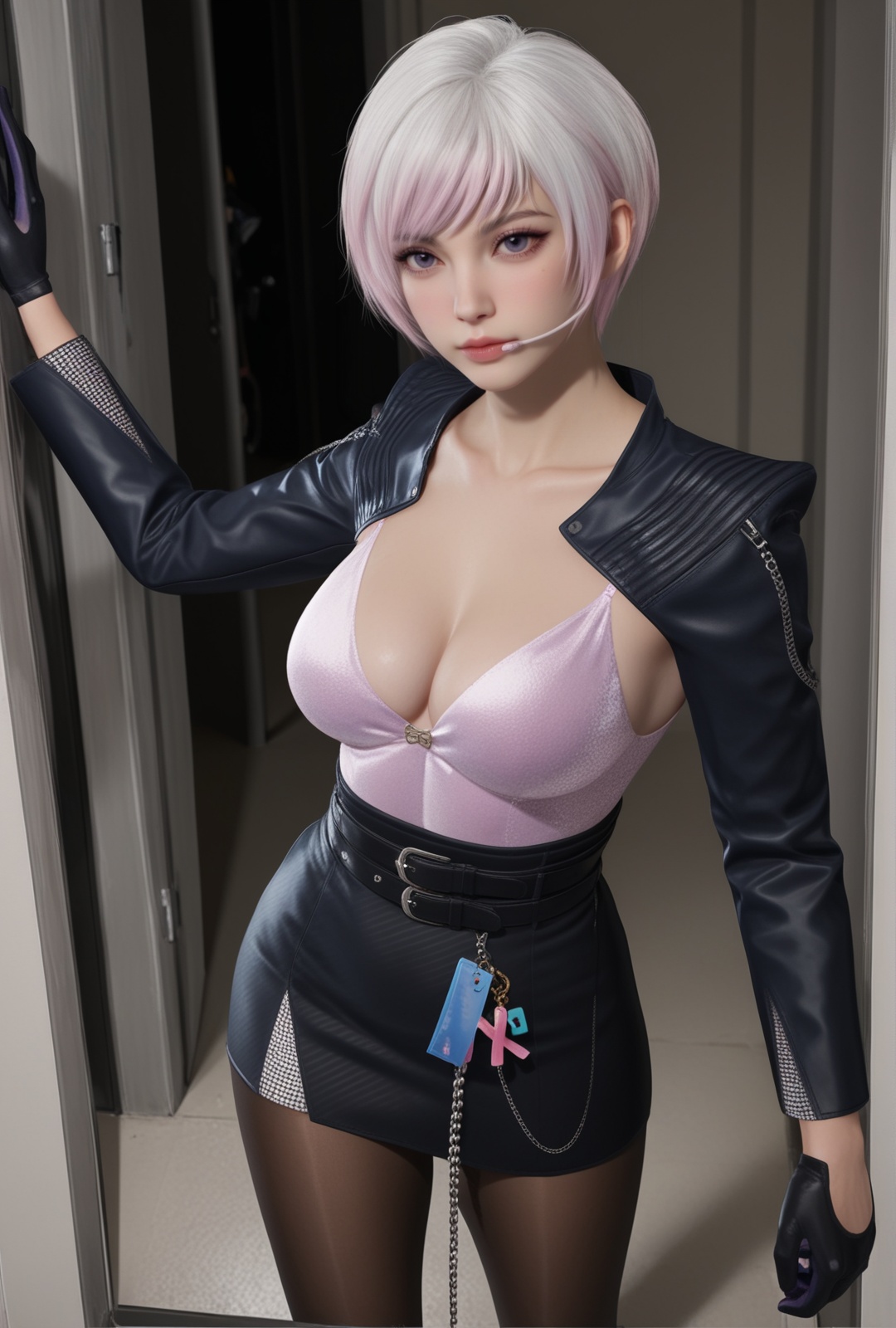 masterpiece,best quality,amazing quality,high resolution,ultra-detailed,absurdres,(looking at viewer:1.1),1girl,BREAKcollarbone BREAK photorealistic details,realistic,<lora:逆战未来贝拉·暗夜回旋曲il-000006:0.8>,black gloves,breasts,brown pantyhose,chain,eyelashes,jacket,long sleeves,nzwl,shirt,short hair,skirt,white hair,