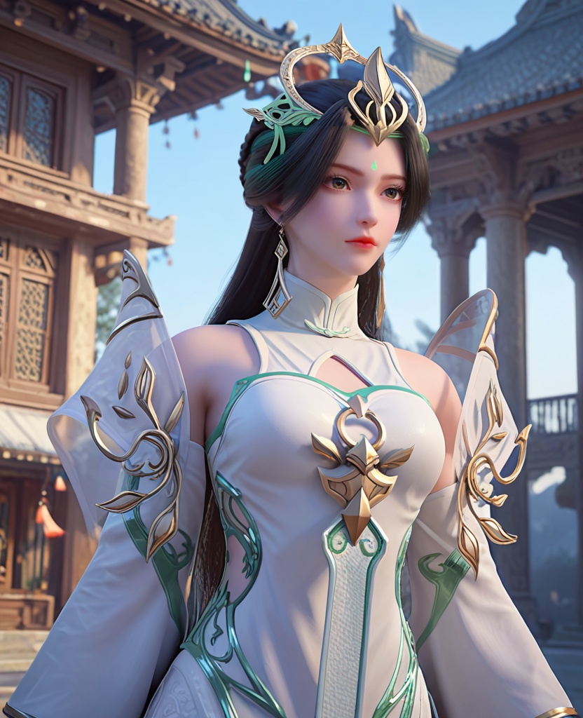 (oriental architecture, elegant decor, sophisticated style:1.1),Super Strength Pose, Flexing muscles with a determined look, ready to showcase incredible strength,,(breasts:1.2),<lora:XL完美世界柳神:0.9>,miss liushen,solo,white dress,shawl,black hair,long hair,bangs,hair ornament,blackish green eyes,forehead mark,black hair highlights green hair,clothing cutout,waist cutout,earrings,wide sleeves,, zPDXL2, score_9, score_8_up, score_7_up BREAK realistic, masterpiece,best quality, highly detailed,, zPDXL3, zPDXL2,zPDXL, zPDXLxxx, zPDXLrl,
