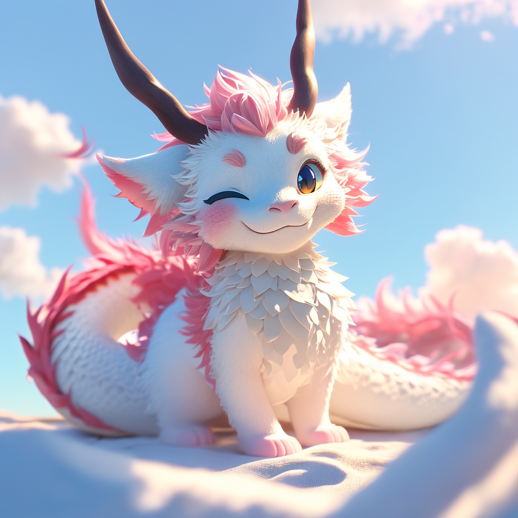 dragon boy, dragon, soft lighting, white fur, whimsy and dramatic lighting, warm colors, mf-movie-filter, cc-color-correction, cute, whiskers, light particles, sunlight, dragon focus, fluffy, horns, no humans, solo, one eye closed, blurry, outdoors, full body, closed mouth, looking at viewer, blue sky, sky, smile, day <lora:furry_dragon_baby_v1:0.8>