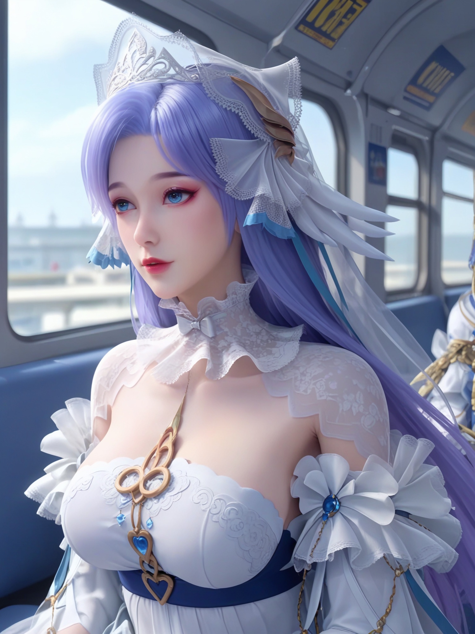 solo,1girl,<lora:王者荣耀-大乔520Pony:0.65>,blue eyes,pink eyeliner,long,flowing lavender hair,wears a white,ornate gown with intricate lace and embroidery,high collar and voluminous sleeves adorned with delicate lace and pearls,BREAK fair_skin,white_skin,shiny_skin,Ivory_skin,solo focus,(perfect_face:1.2),(perfect_anatomy:1.1),(upper_body:1.2),(portrait:1.1),large breasts,sitting,(train_interior:1.1),(blurry_background:1.2),score_9,