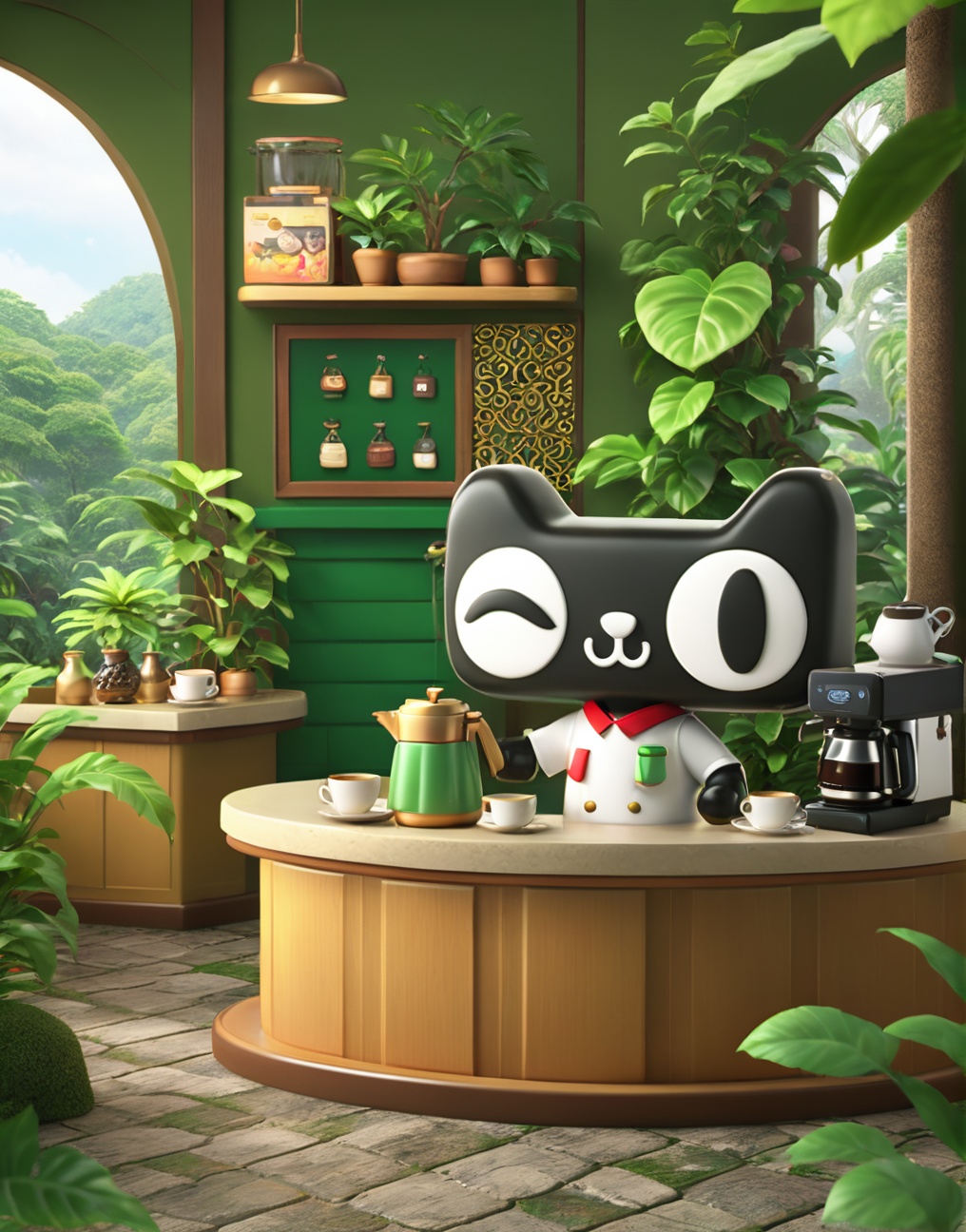 masterpiece, best quality,Tmall，Tmall ip,Rich details, C4D modeling, octane render,Tmall，Tmall ip,Rich details, C4D modeling, octane render, ((rainforest plants)),Professional barista, wearing uniform, coffee maker,holding coffee pot, ((plants))standing in the green bar, lots of tropical rainforest, cafe, tropical plants, stone floor, rockery, coffee table  <lora:Tmall SDXL-000006:0.8>, masterpiece, best quality,