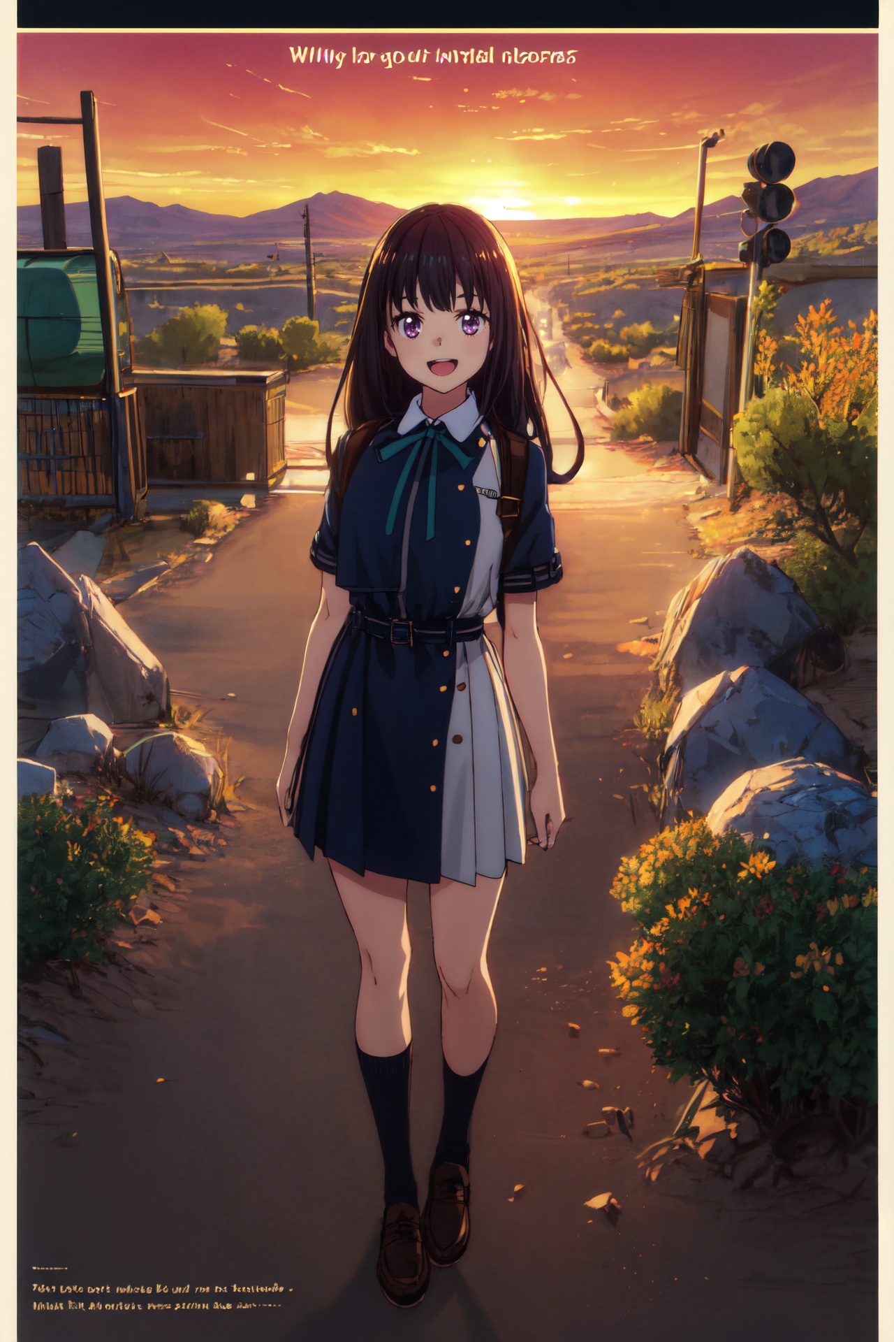 1girl,looking at viewer,solo,black hair,long hair,purple eyes,ribbon,green ribbon,neck ribbon,lycoris uniform,dress,blue dress,two-tone dress,belt,collared shirt,shirt,grey dress,white shirt,socks,black socks,loafers,brown footwear,<lora:takina>,takina_CYQL,(:d,walking,upper_body,from_above:1.1),beautiful face,beautiful eyes,glossy skin,shiny skin,Desert wildflowers, Arid landscape, Desert bloom, Colorful desert, Springtime explosion, Desert oasis,Tea house, Stone lanterns, Koi pond, Sunset glow, Japanese serenity, Evening tranquility,beautiful detailed sky,beautiful detailed glow,(movie poster:1.2),(border:1.3),(English text:1.4),posing in front of a colorful and dynamic background,masterpiece,best quality,beautiful and aesthetic,contrapposto,female focus,wallpaper,fashion,<lora:增强减少细节add_detail:0.4>,
