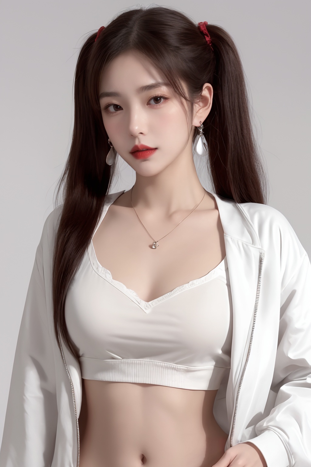 1girl, breasts, cleavage, crop top, earrings, jacket, jewelry, lips, long hair, looking at viewer, medium breasts, midriff, navel, necklace, realistic, red lips, solo, twintails, white jacket  <lora:美女1.0:1>