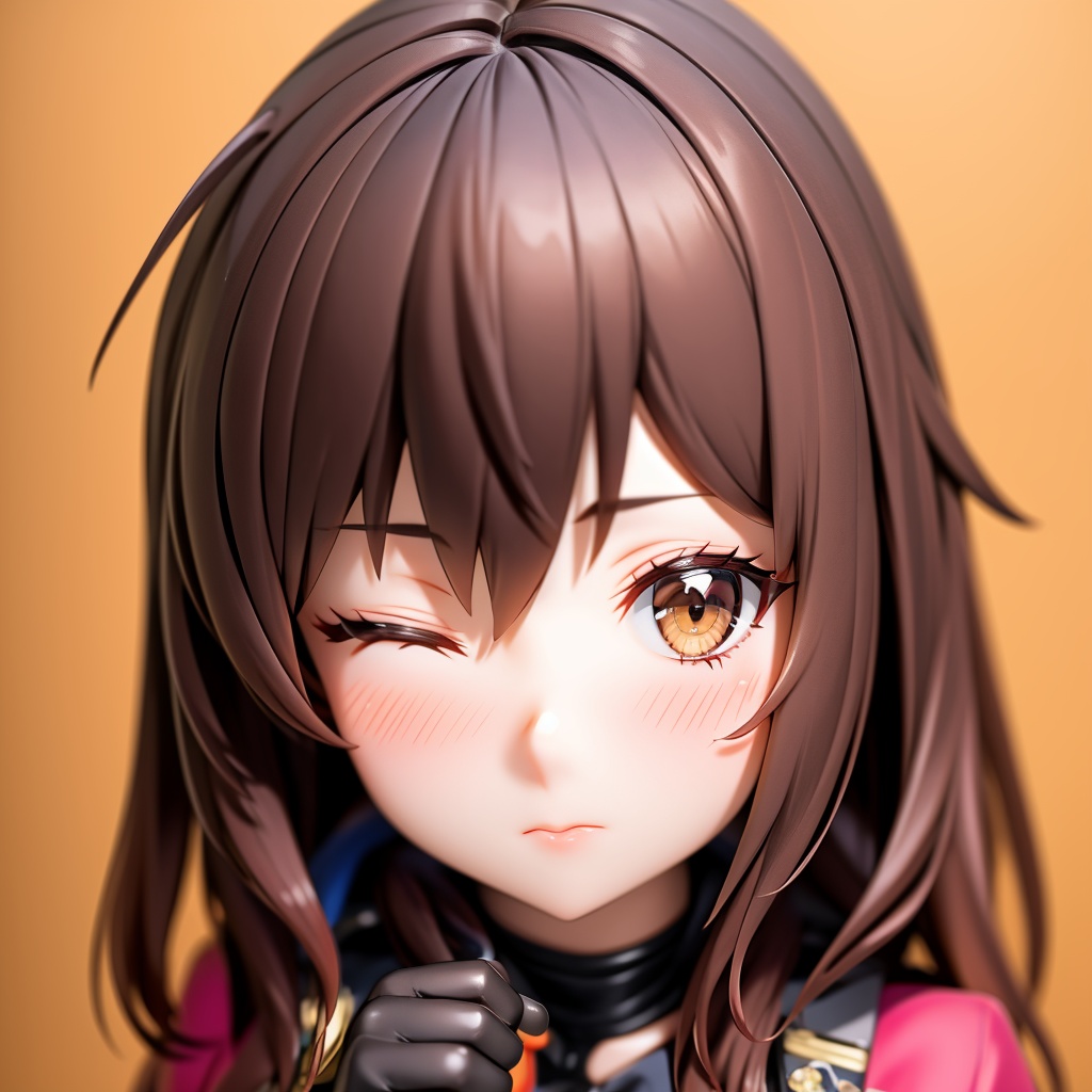 1girl, gloves, one eye closed, brown eyes, long hair, solo, brown hair, brown gloves, looking at viewer, injury, blush, portrait, simple background
