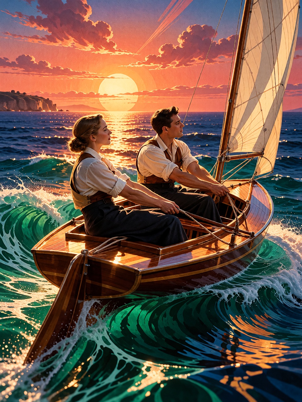 Two young ***** sailors working together aboard a small sailboat,  viewed from above as the boat cuts across stylized wave...